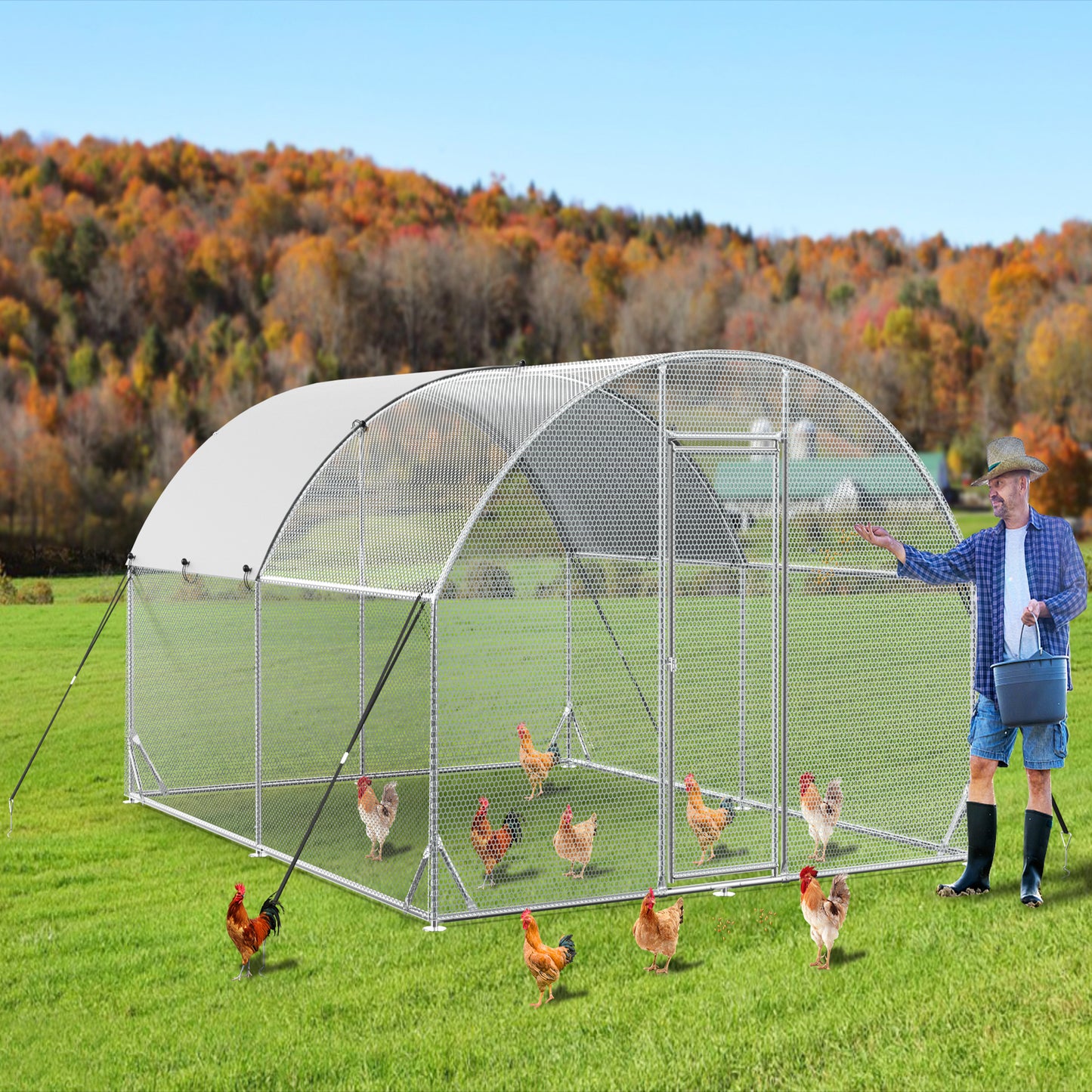 Large Metal Chicken Coop Upgrade with Tri-Supporting Wire Mesh Chicken Run & Water-Resistant Cover - Duck Rabbit House Outdoor (10'W x 13'L x 6.5'H)