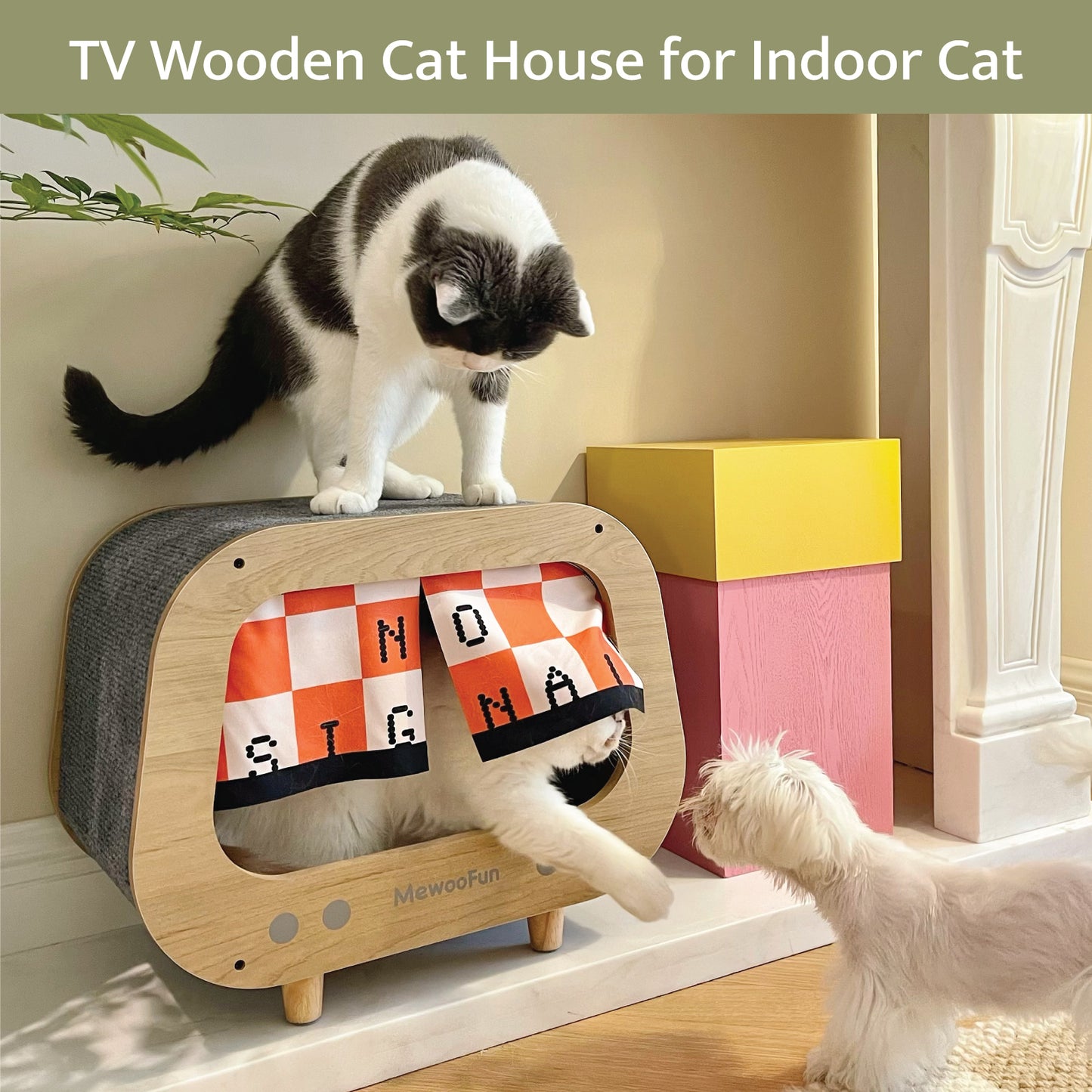 Classic Wooden TV-Shaped Cat Bed with Cushion, Grey – Stylish and Comfortable Pet House for Your Feline Friend