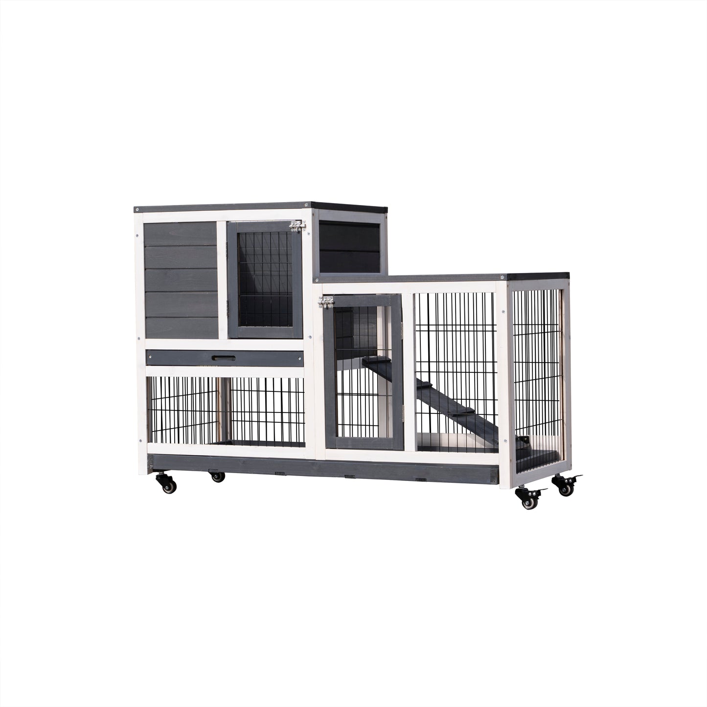 Removable Tray Ramp Wooden Outdoor Rabbit Hutch with Enclosed Run - Ideal for Small Animals - Coop with Running Cage, Wheels, and Ramp (Size and Color Options)