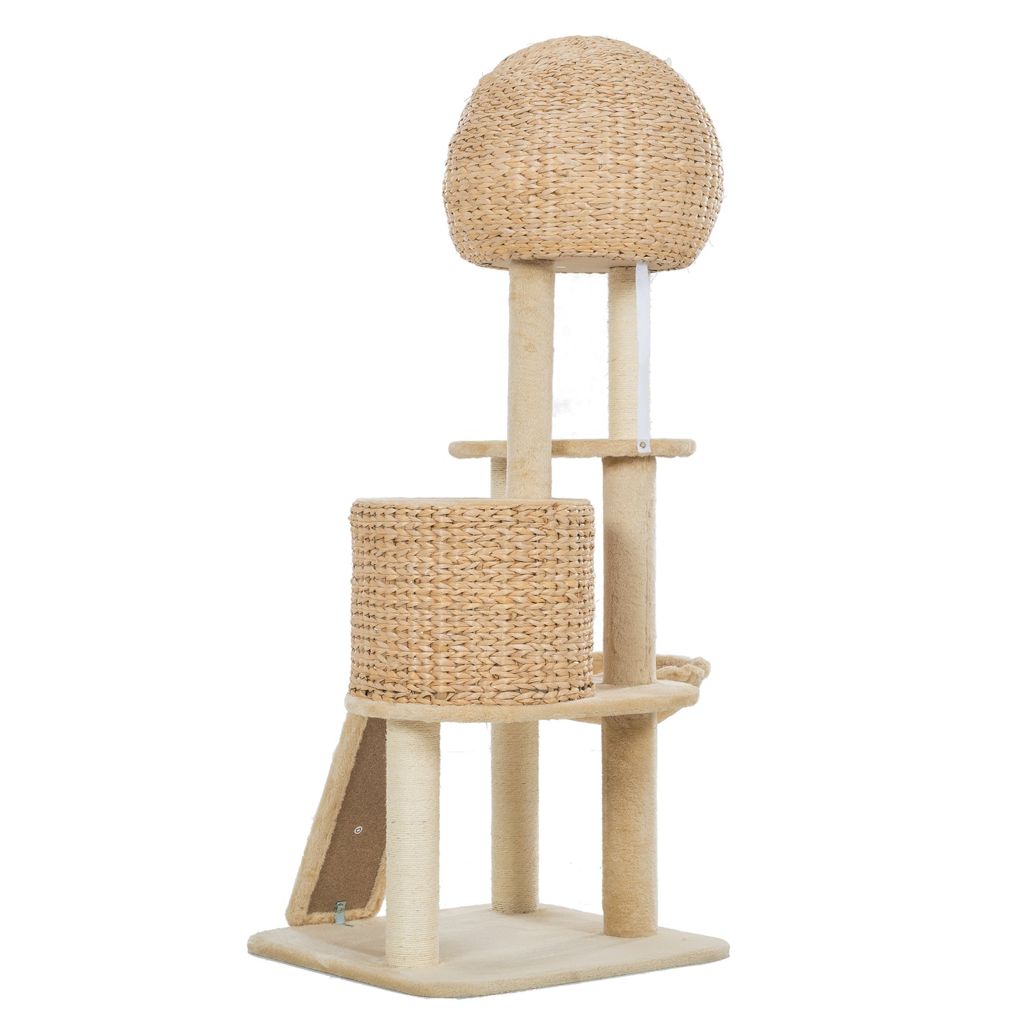 59-Inch Cat Tower for Indoor Cats, Plush Multi-Level Cat Condo with 2 Perches, 2 Caves, Cozy Basket and Scratching Board, Beige