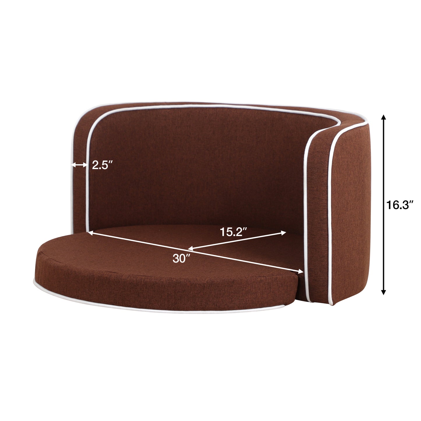 35" Brown Pet Sofa with Wooden Structure, Linen Goods, White Roller Lines, Curved Appearance & Cushion