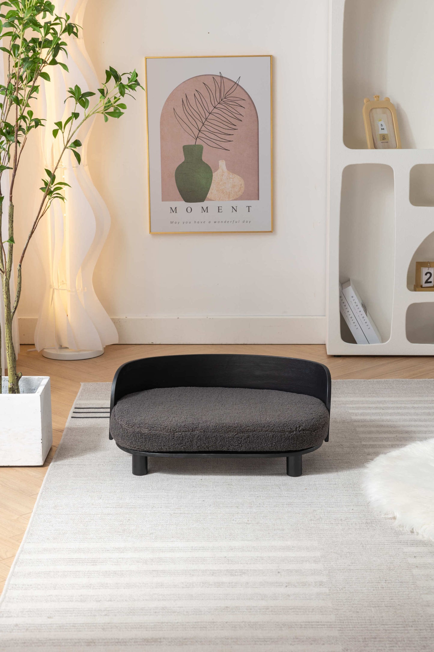 Scandinavian Elevated Dog Bed Pet Sofa | Solid Wood Legs, Bent Wood Back | Cashmesh Cushion | Black Wood, Darcy Grey |