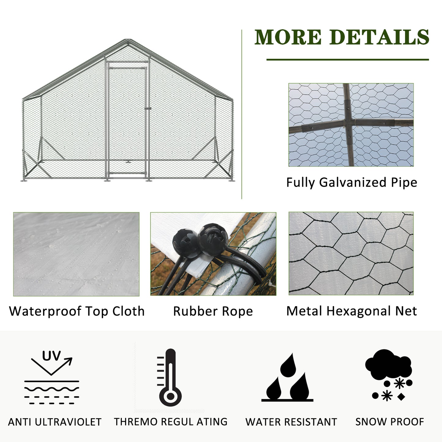 Large Metal Chicken Coop with Walk-in Chicken Run, Galvanized Wire Poultry Hen Pen Cage - Waterproof & Anti-Ultraviolet Cover - 10' L x 6.6' W x 6.56' H