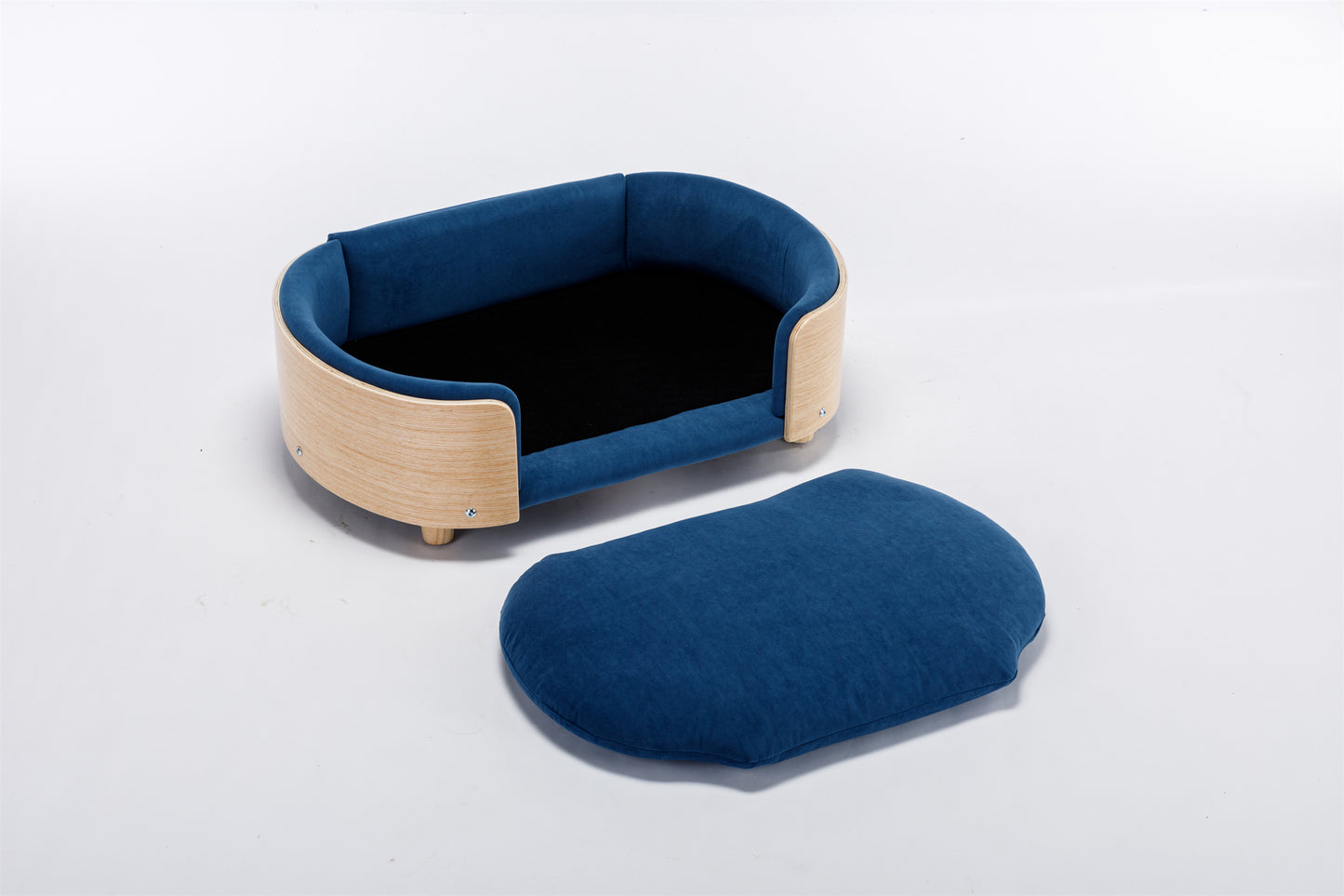 Scandinavian Style Elevated Dog Bed Pet Sofa with Solid Wood Legs, Bent Wood Back, and Velvet Cushion - Mid Size, Dark Blue