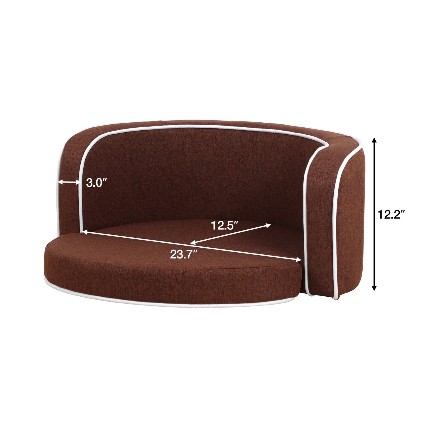 30" Brown Round Pet Sofa - Wooden Structure, Linen Goods, White Roller Lines on Edges - Curved Appearance with Cushion