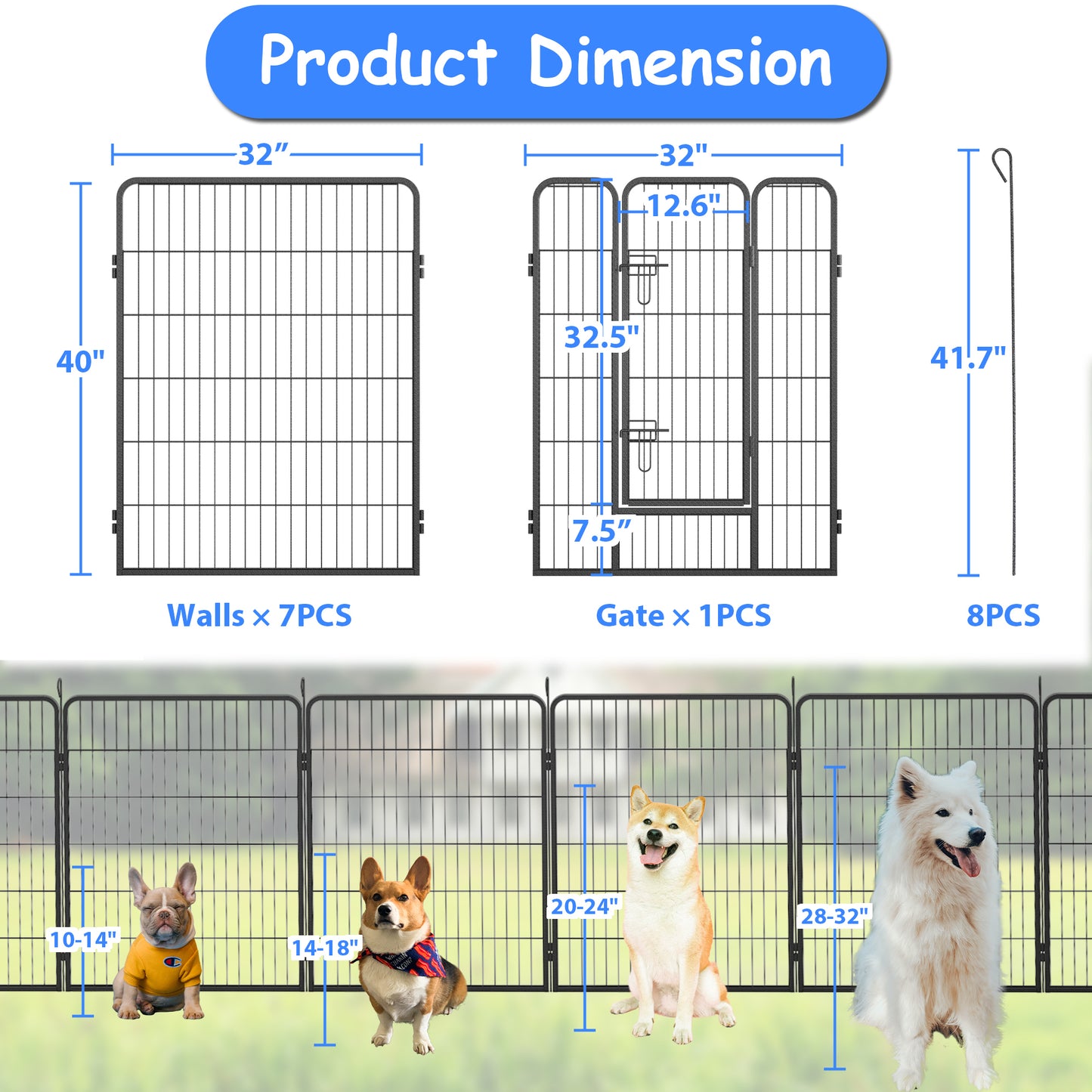 Heavy Duty Outdoor Dog Fence Playpen for Large Dogs | 40" Dog Kennel Pet Playpen - 8 Panels Metal Exercise Pens | Temporary Camping Yard Fence | Durable & Spacious | Various Colors & Sizes Available