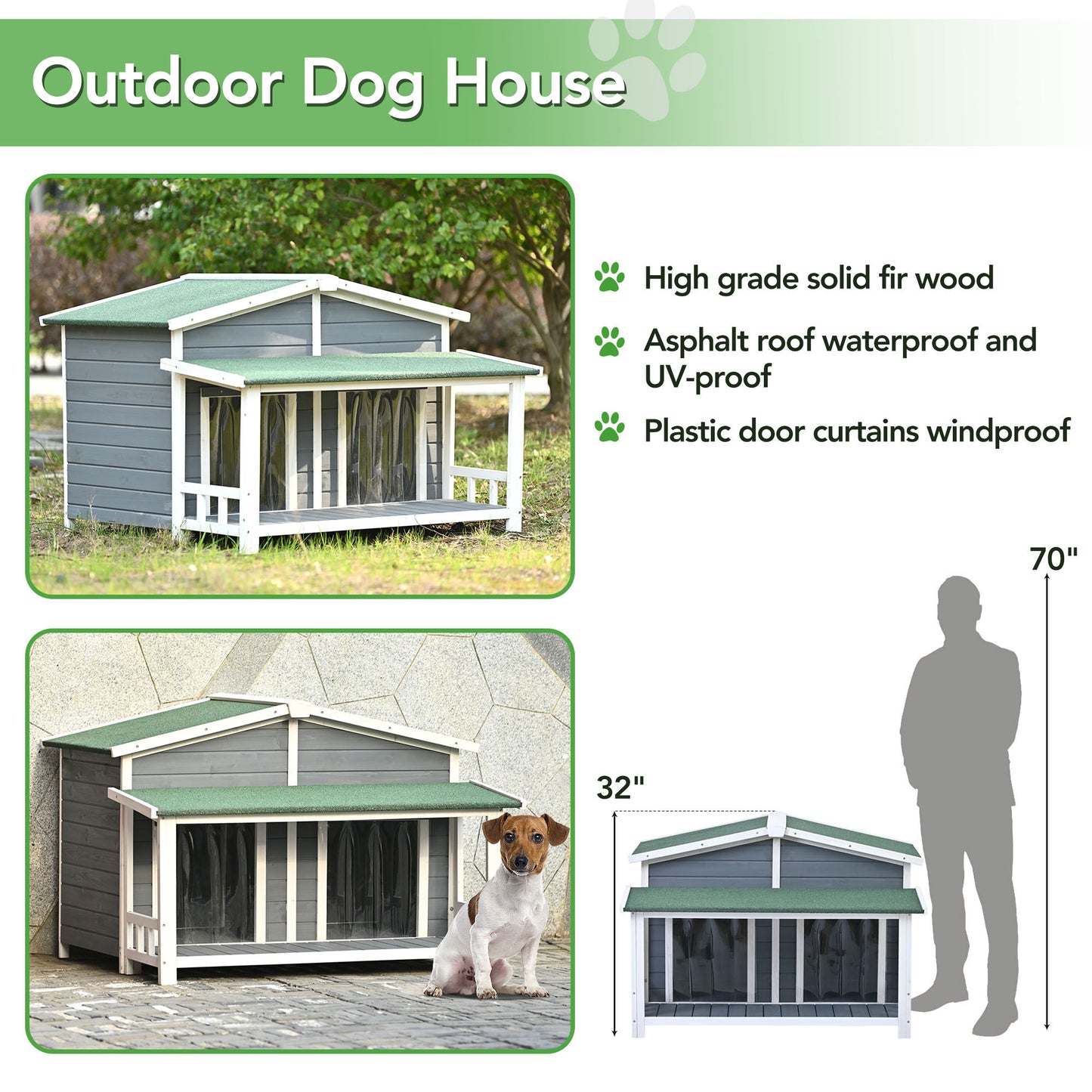 47.2" Large Wooden Dog House Outdoor, Cabin Style with Porch, 2 Doors, Gray and Green - Outdoor & Indoor Dog Crate