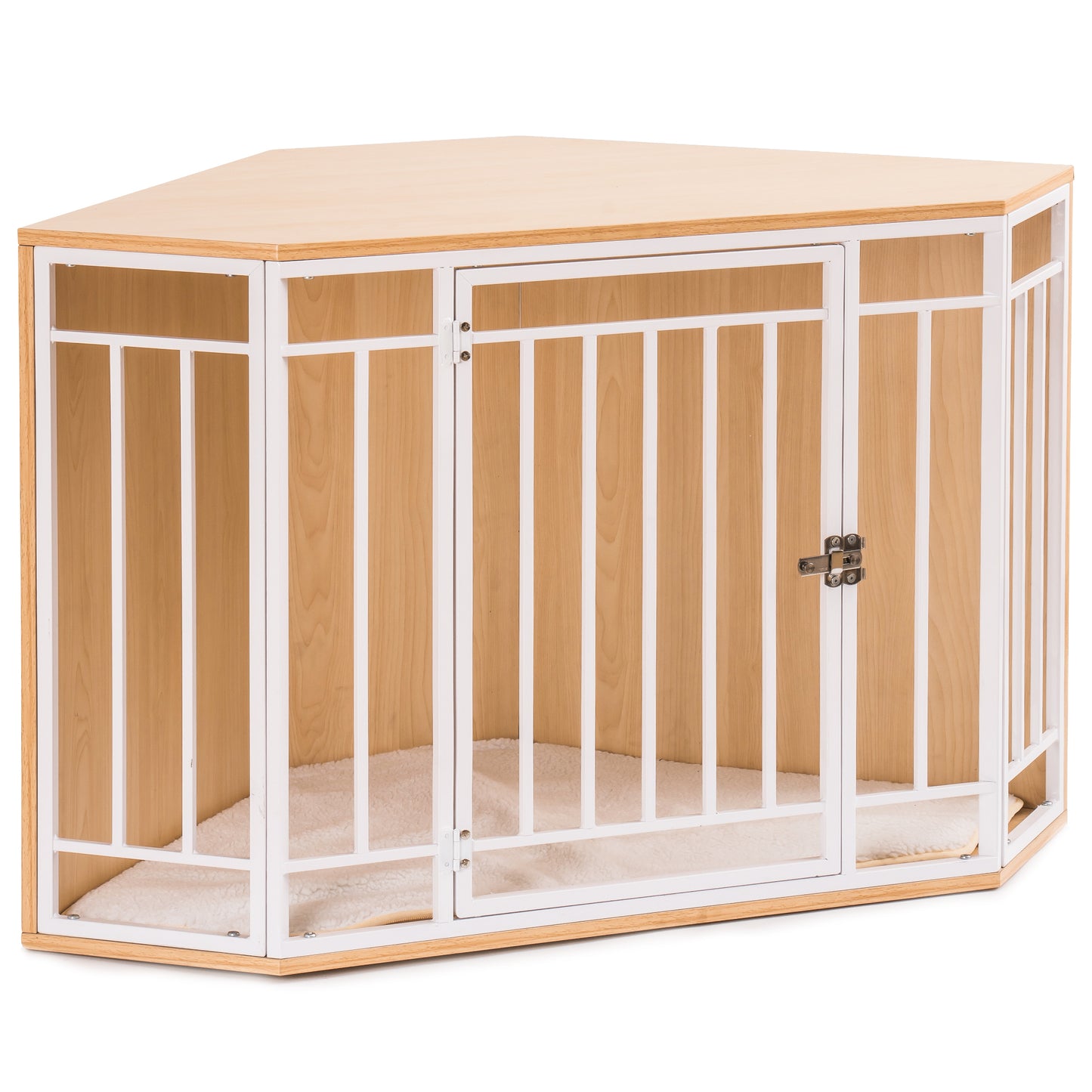 Corner Dog Crate with Cushion, Wood and Mesh Dog Kennel: Indoor Pet Crate for Comfortable and Secure Resting Space