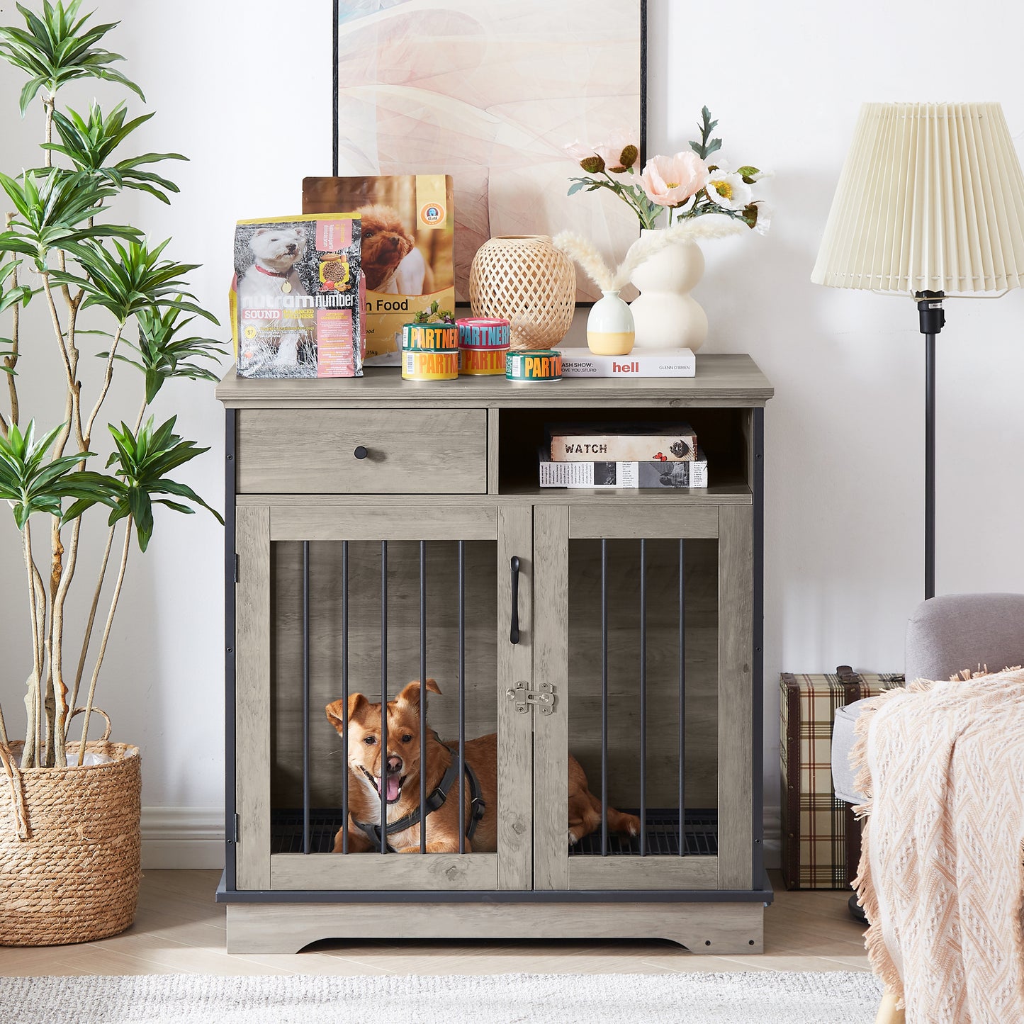 Furniture Dog Crate: Indoor Pet Crate End Tables, Wooden Kennels w/ Removable Trays, Grey, 32.3'' W x 22.8'' D x 33.5'' H