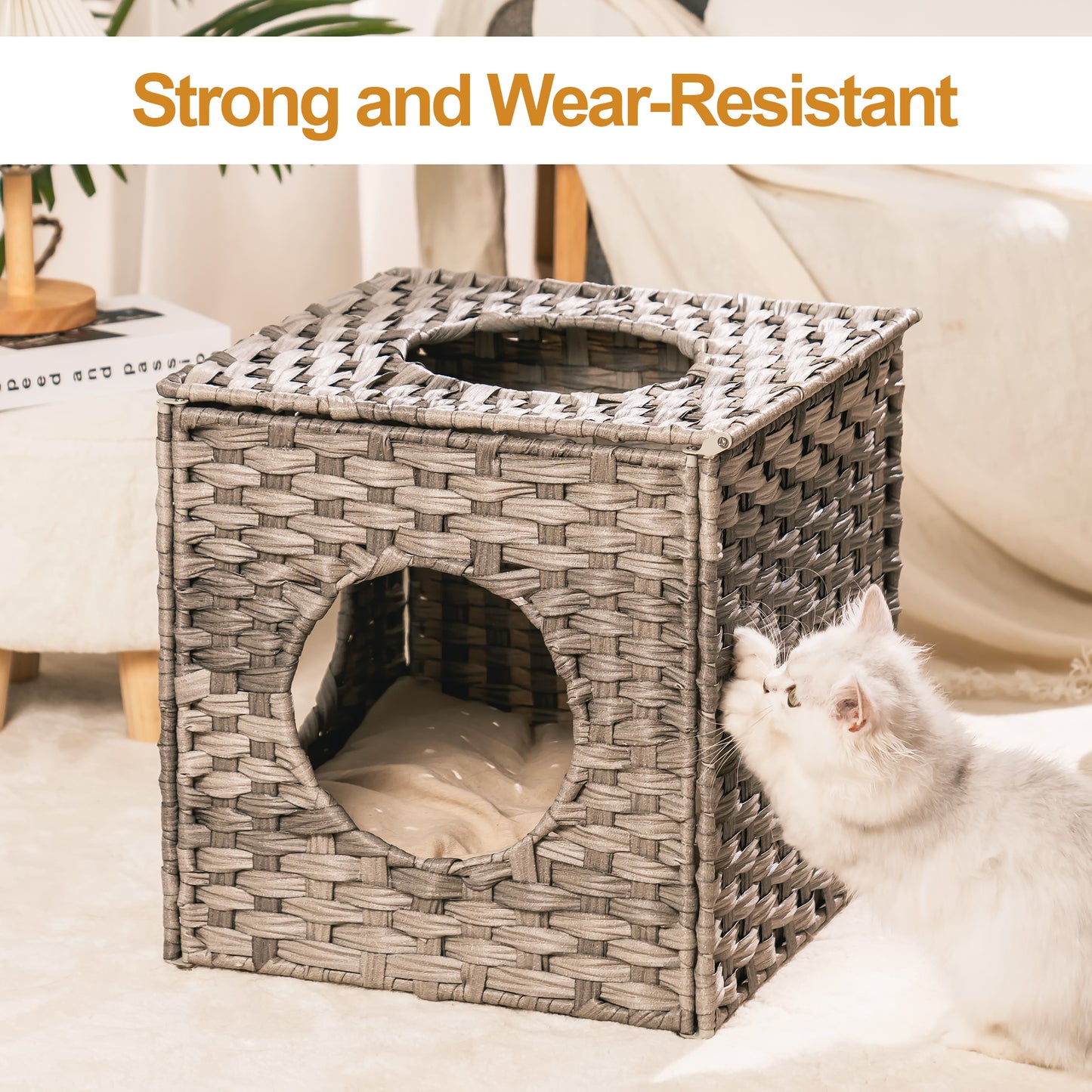 Rattan Cat Litter, Cat Bed with Cushion & Rattan Ball, Grey - Comfortable and Stylish Resting Spot for Your Feline Companion