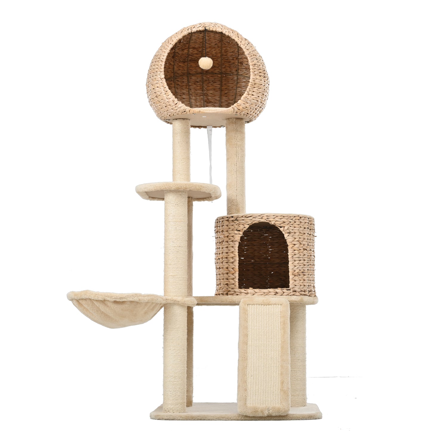 59-Inch Cat Tower for Indoor Cats, Plush Multi-Level Cat Condo with 2 Perches, 2 Caves, Cozy Basket and Scratching Board, Beige