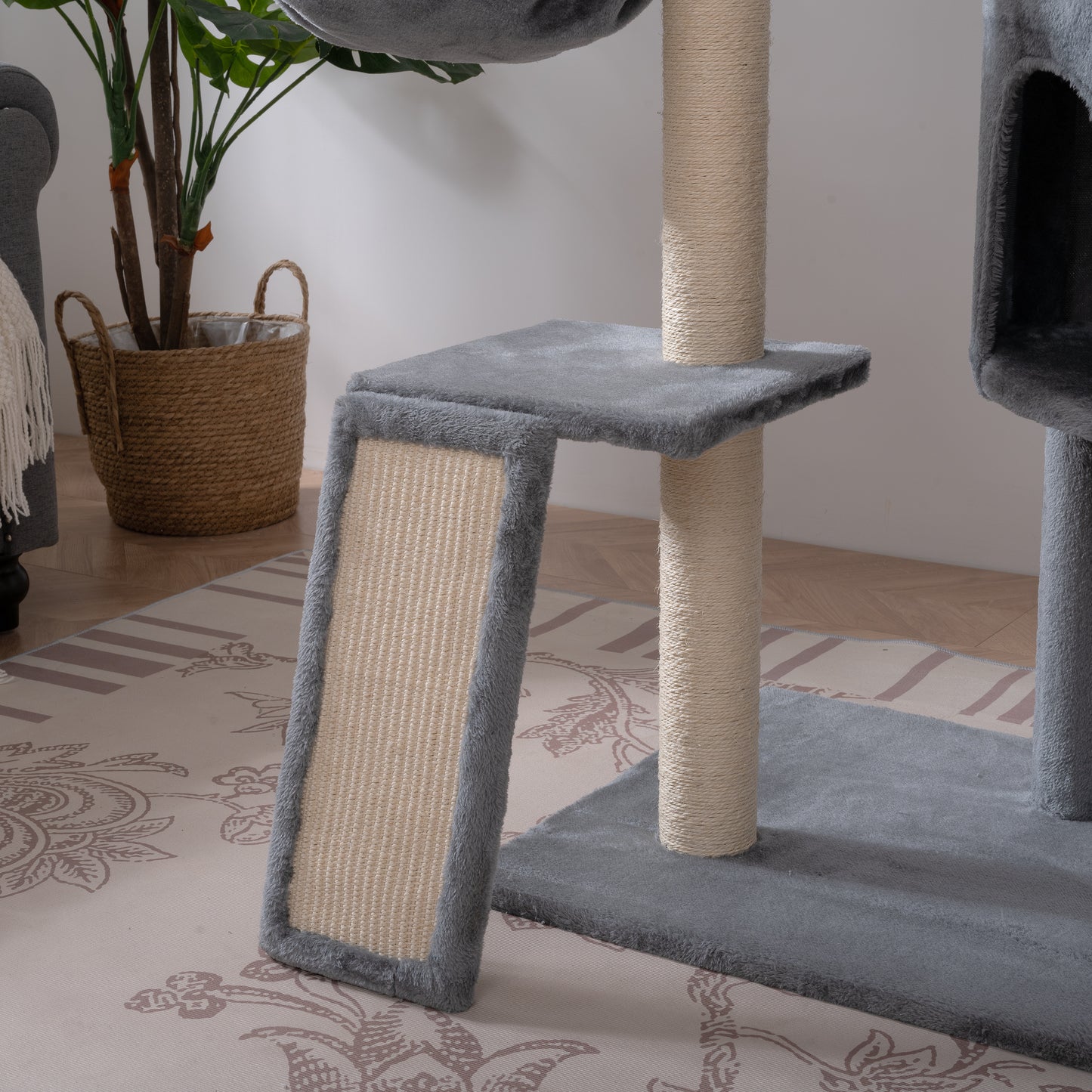 105-Inch Cat Tower for Indoor Cats, Multi-Level Cat Condo with Perches, Caves, Basket, and Scratching Board - Gray Color