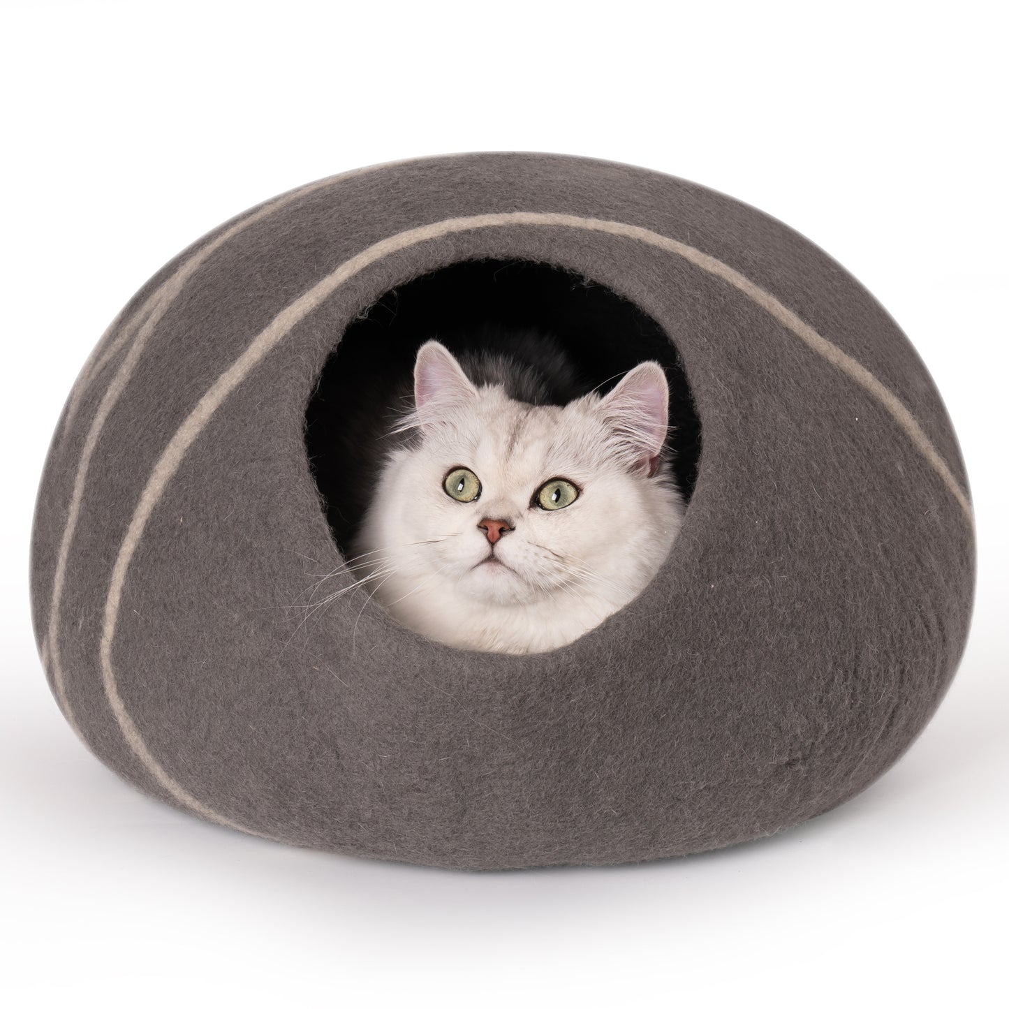 Handmade Wool Cat Cave Bed with Mouse Toy - Cozy, Natural, Large, Grey