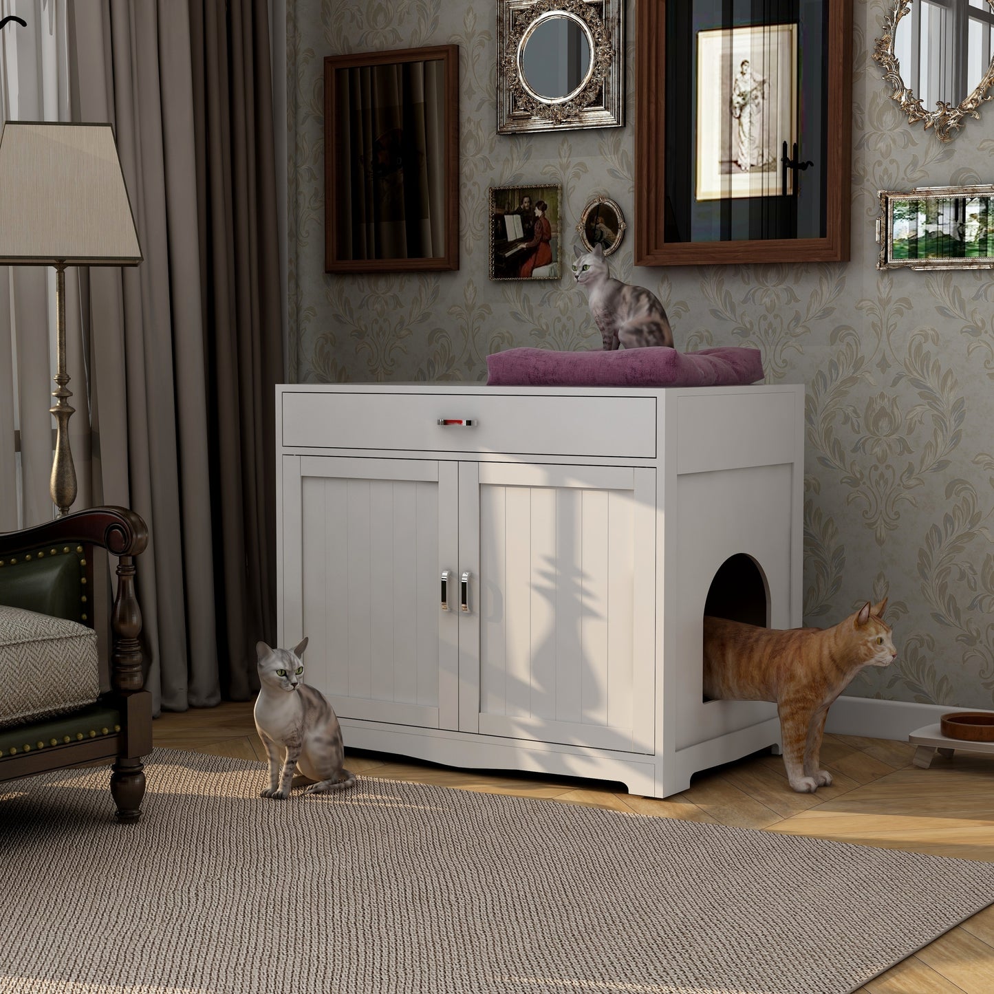 Litter Box Enclosure: Cat Furniture with Hidden Plug, 2 Doors, Indoor Washroom Storage Bench Side Table, Large Wooden House, White