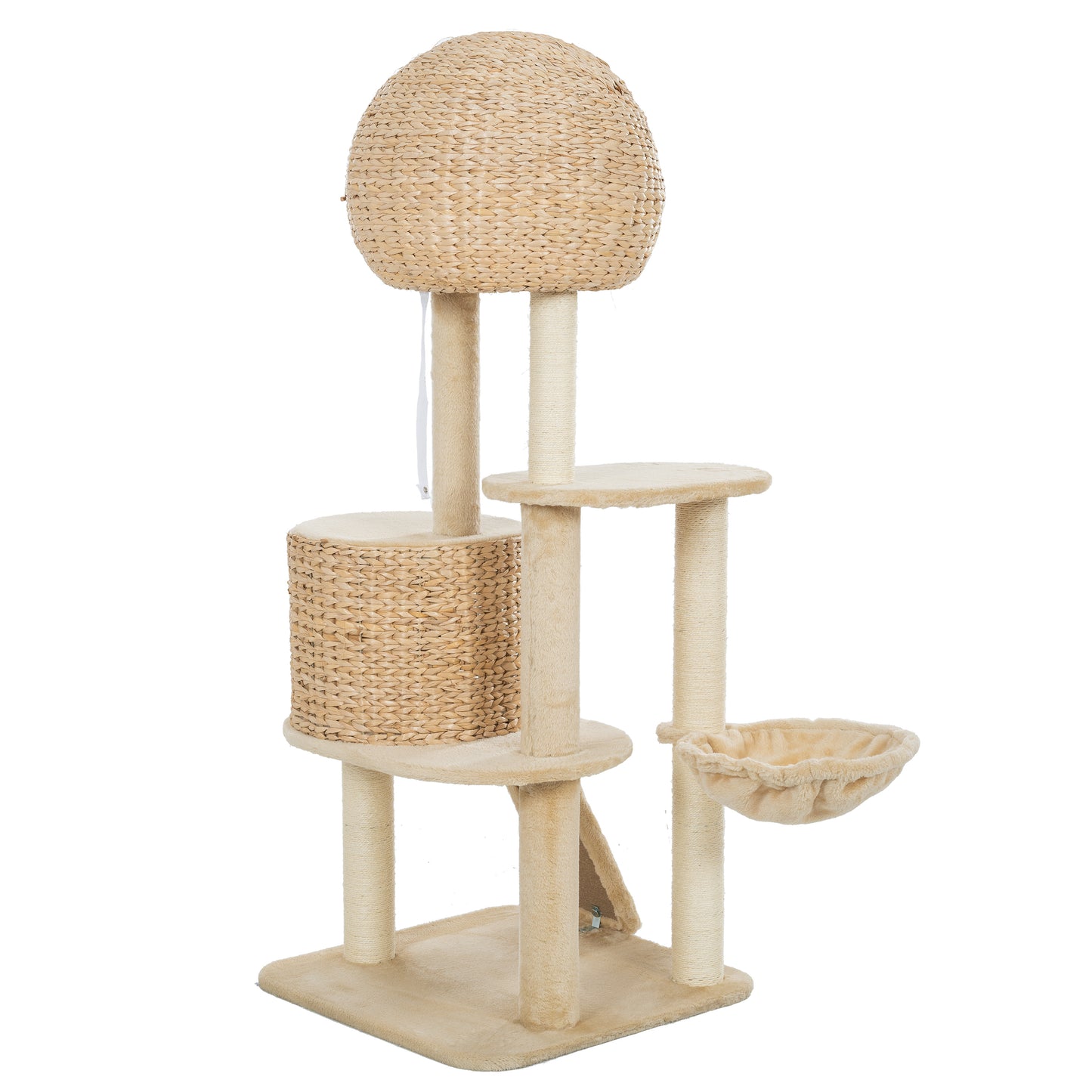 59-Inch Cat Tower for Indoor Cats, Plush Multi-Level Cat Condo with 2 Perches, 2 Caves, Cozy Basket and Scratching Board, Beige