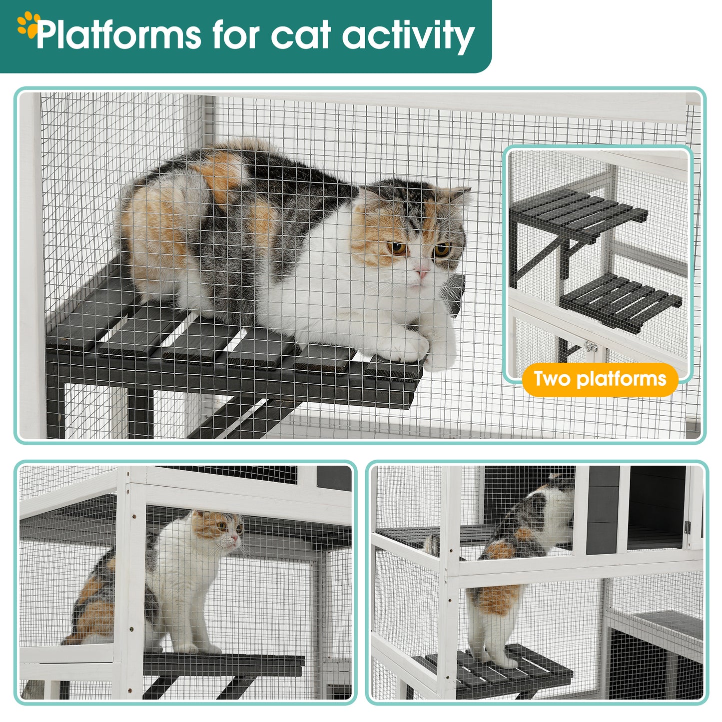 3-Tier Wooden Outdoor & Indoor Cat House | Suitable for 1-3 Cats | Cat Enclosure Resting Box with 4 Platforms and 2 Doors | Cat Shelter Kitty House with Jump Box | Hiding, Resting, and Playing | Cat Cage 71"H - Gray