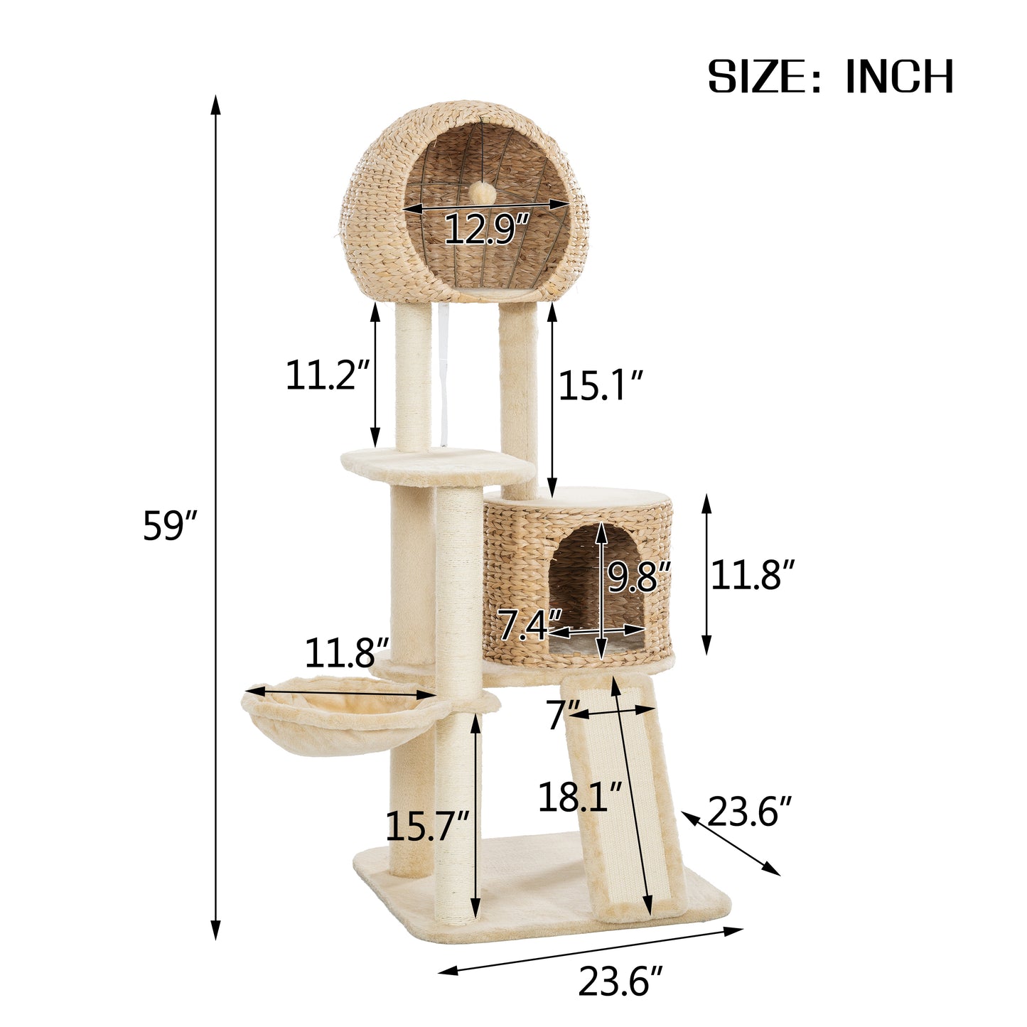 59-Inch Cat Tower for Indoor Cats, Plush Multi-Level Cat Condo with 2 Perches, 2 Caves, Cozy Basket and Scratching Board, Beige