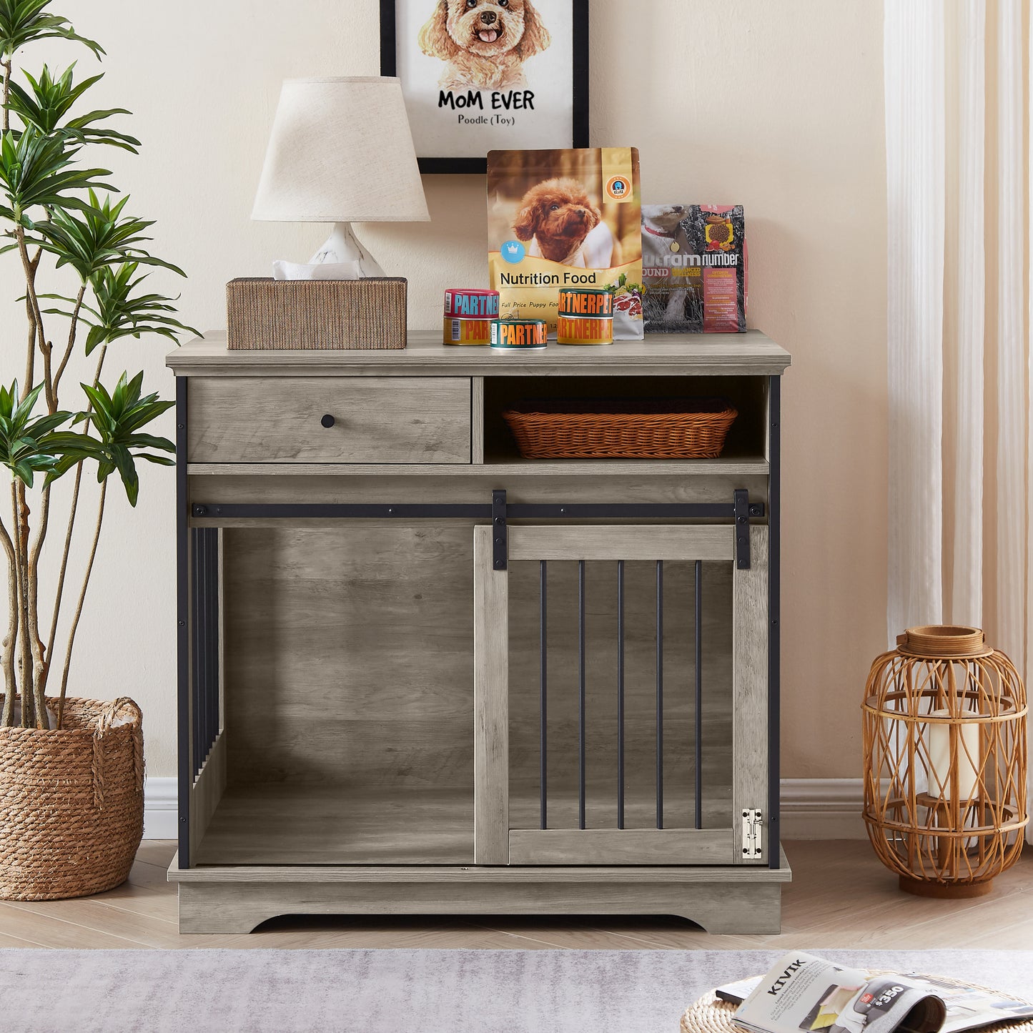 Sliding Door Dog Crate with Drawers - Grey, 35.43'' W x 23.62'' D x 33.46'' H: Spacious and Functional Pet Crate with Convenient Storage Drawers