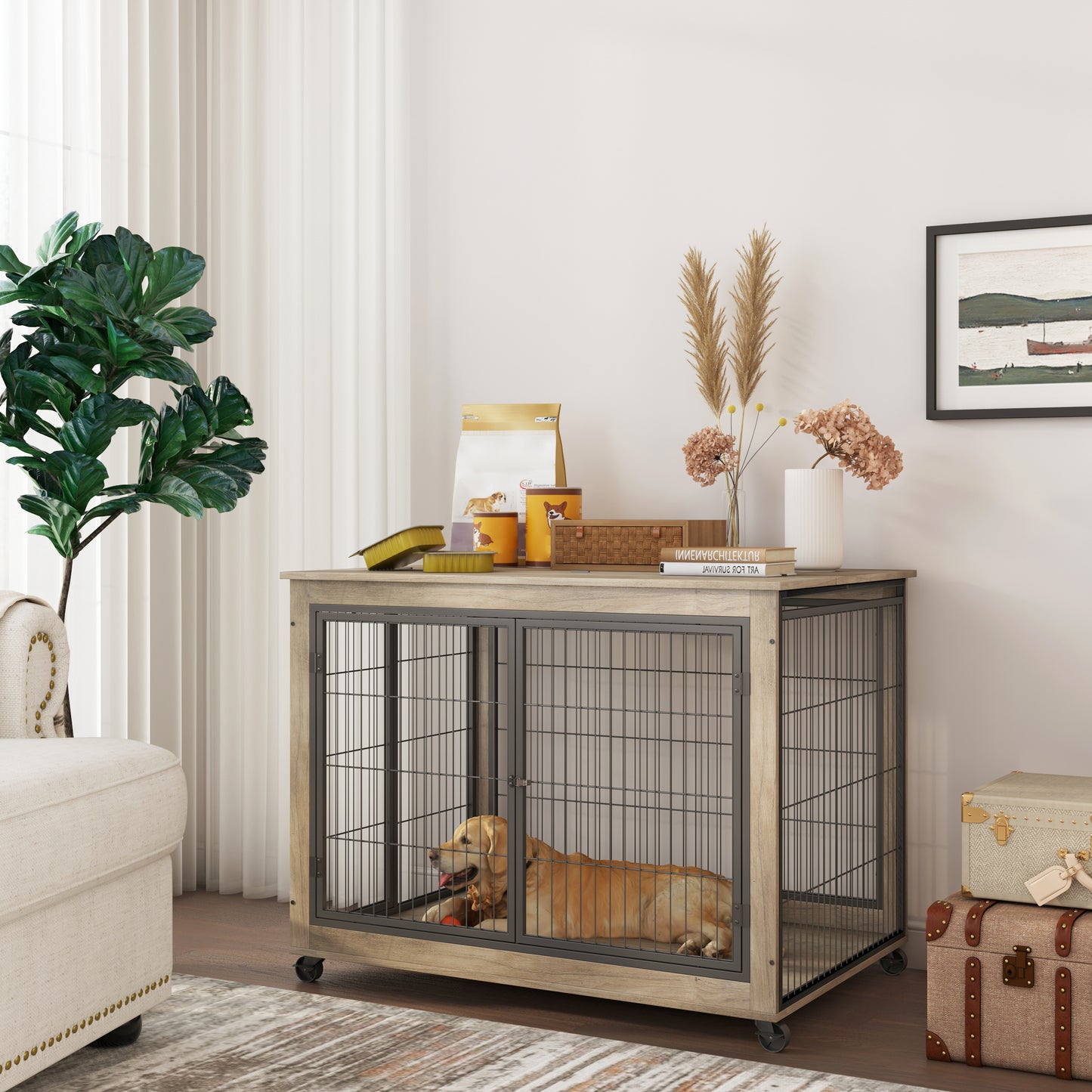 Furniture Style Dog Crate Side Table on Wheels: Double Doors, Lift Top | Grey, 43.7" W x 30" D x 31.1" H