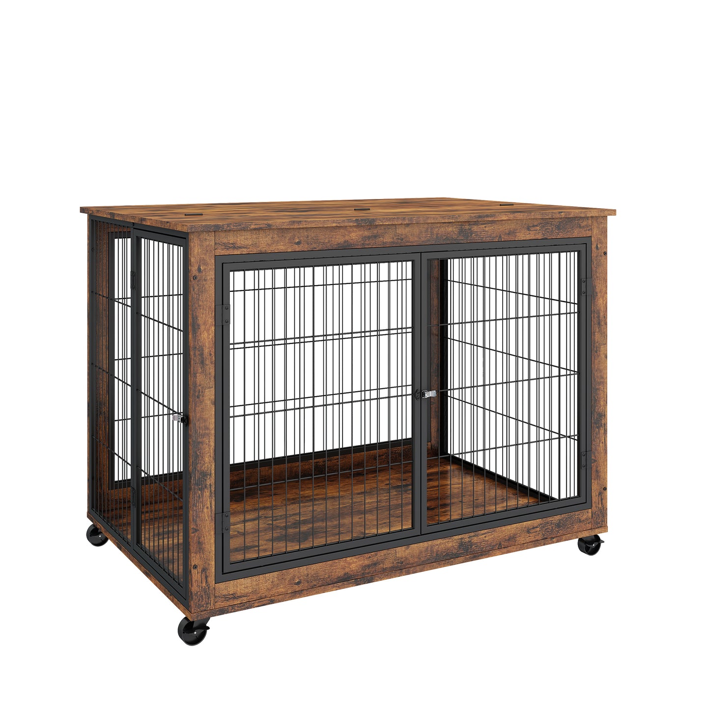 Furniture Style Dog Crate Side Table on Wheels with Double Doors and Lift Top - Rustic Brown, 43.7'' W x 30'' D x 31.1'' H: The Ultimate Combination of Functionality and Style for Your Canine Companion