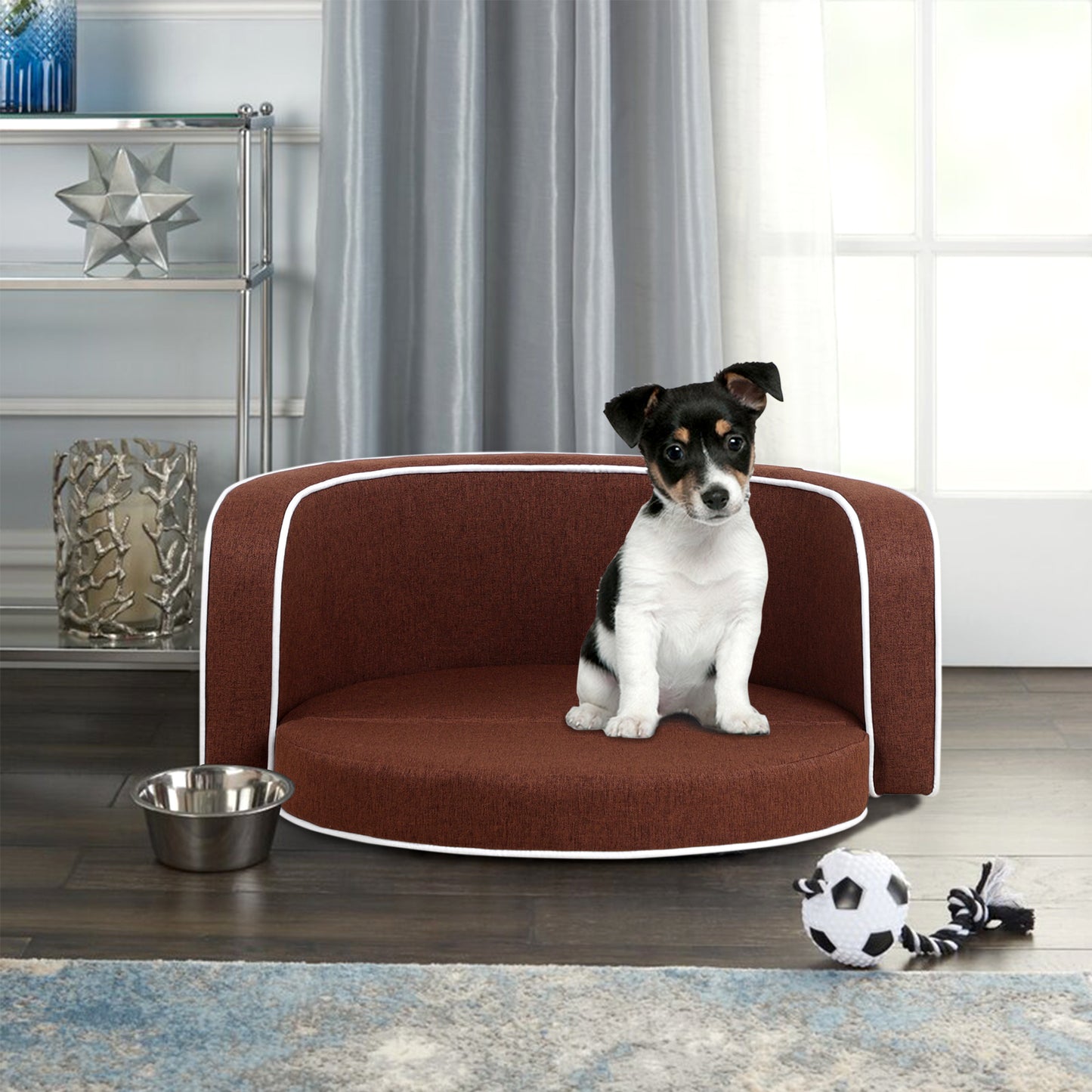 30" Brown Round Pet Sofa - Wooden Structure, Linen Goods, White Roller Lines on Edges - Curved Appearance with Cushion