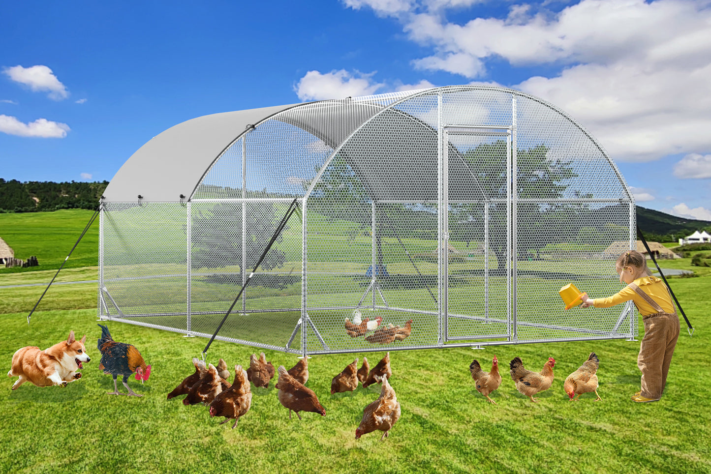 Large Metal Chicken Coop Upgrade with Tri-Supporting Wire Mesh Chicken Run & Water-Resistant Cover - Duck Rabbit House Outdoor (10'W x 13'L x 6.5'H)