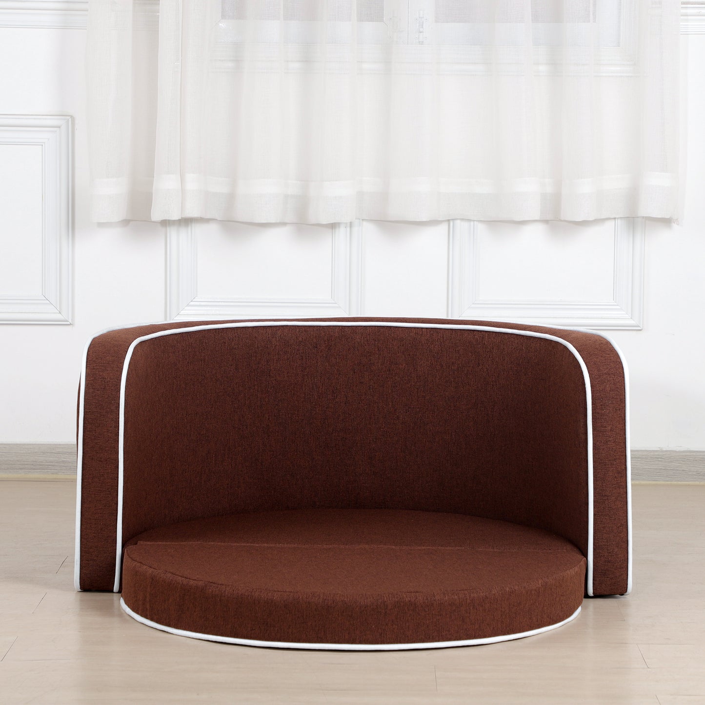 35" Brown Pet Sofa with Wooden Structure, Linen Goods, White Roller Lines, Curved Appearance & Cushion