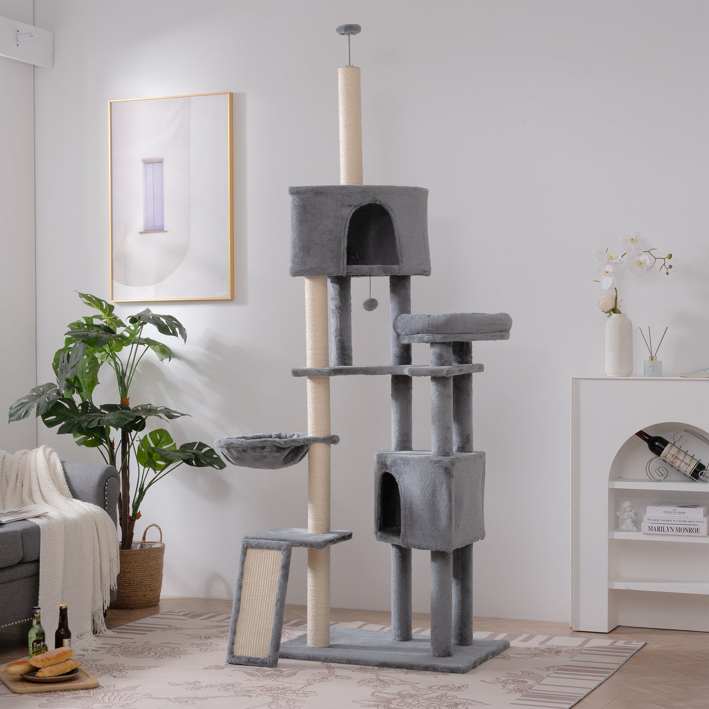 105-Inch Cat Tower for Indoor Cats, Multi-Level Cat Condo with Perches, Caves, Basket, and Scratching Board - Gray Color