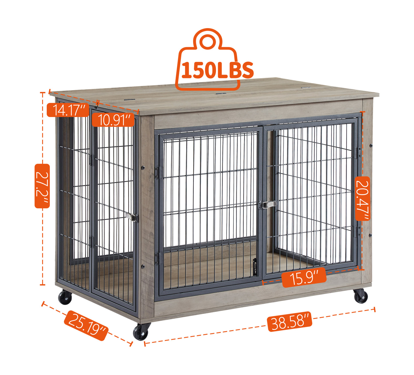 Furniture Style Dog Crate Side Table on Wheels: Double Doors & Lift Top | Grey | 38.58''w x 25.5''d x 27.36''h