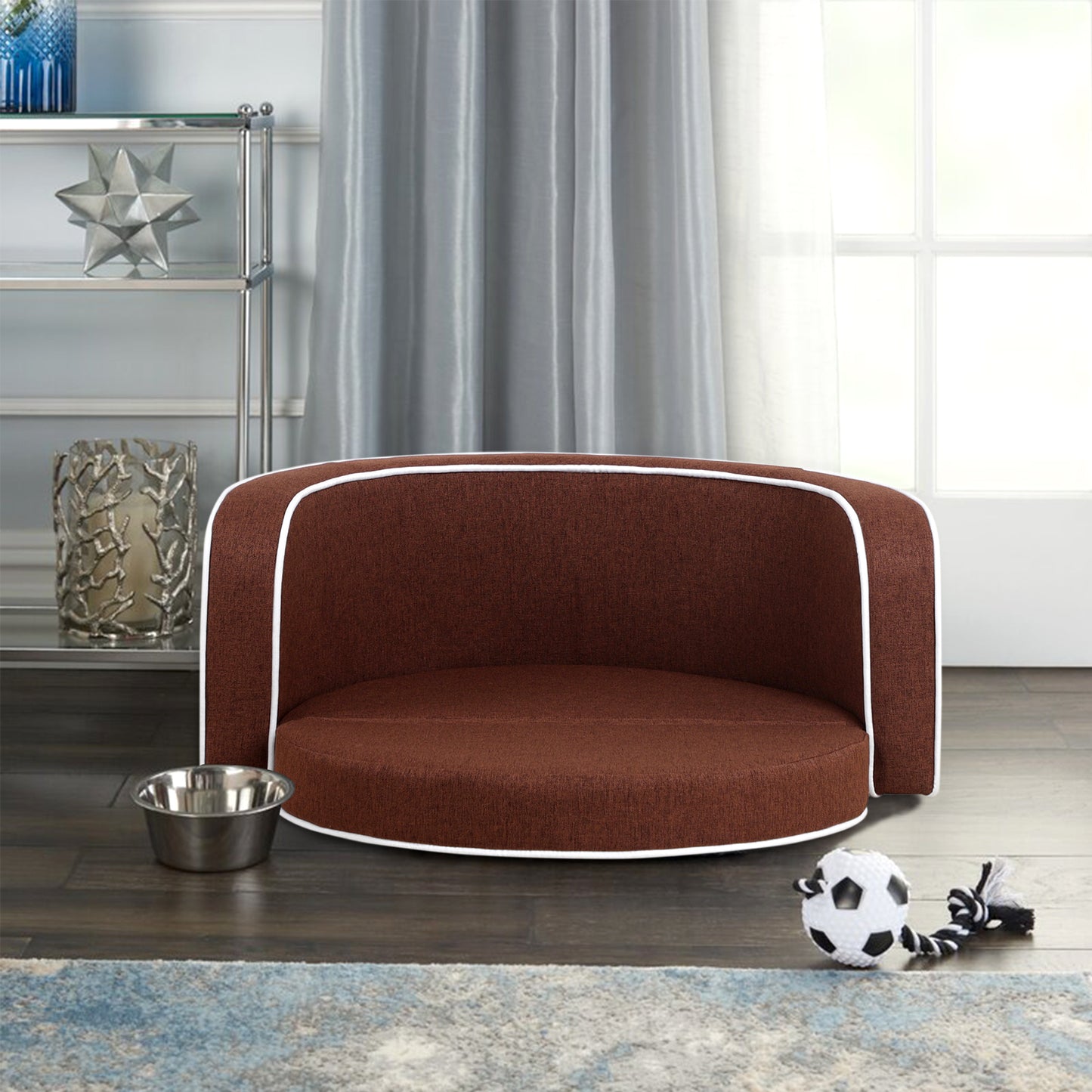 30" Brown Round Pet Sofa - Wooden Structure, Linen Goods, White Roller Lines on Edges - Curved Appearance with Cushion