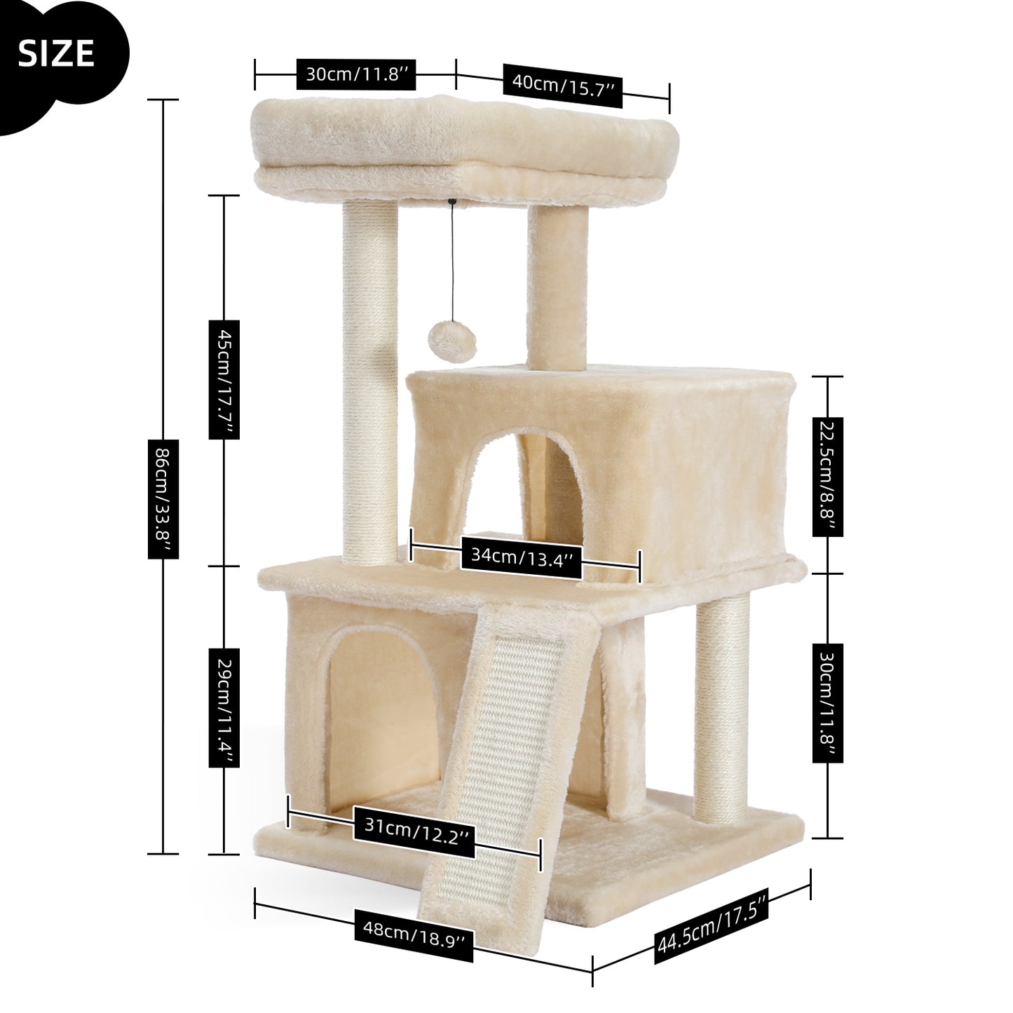 Cat Tree Luxury 34" Cat Tower with Double Condos, Spacious Perch, Scratching Sisal Posts, Dangling Balls - Beige