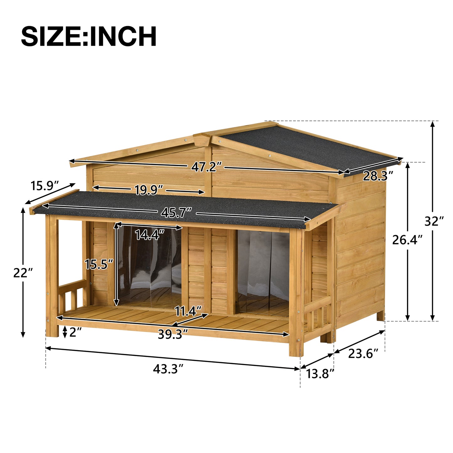 Large Wooden Dog House Outdoor, Indoor Dog Crate - Cabin Style, 2 Doors, Porch - 47.2" Size