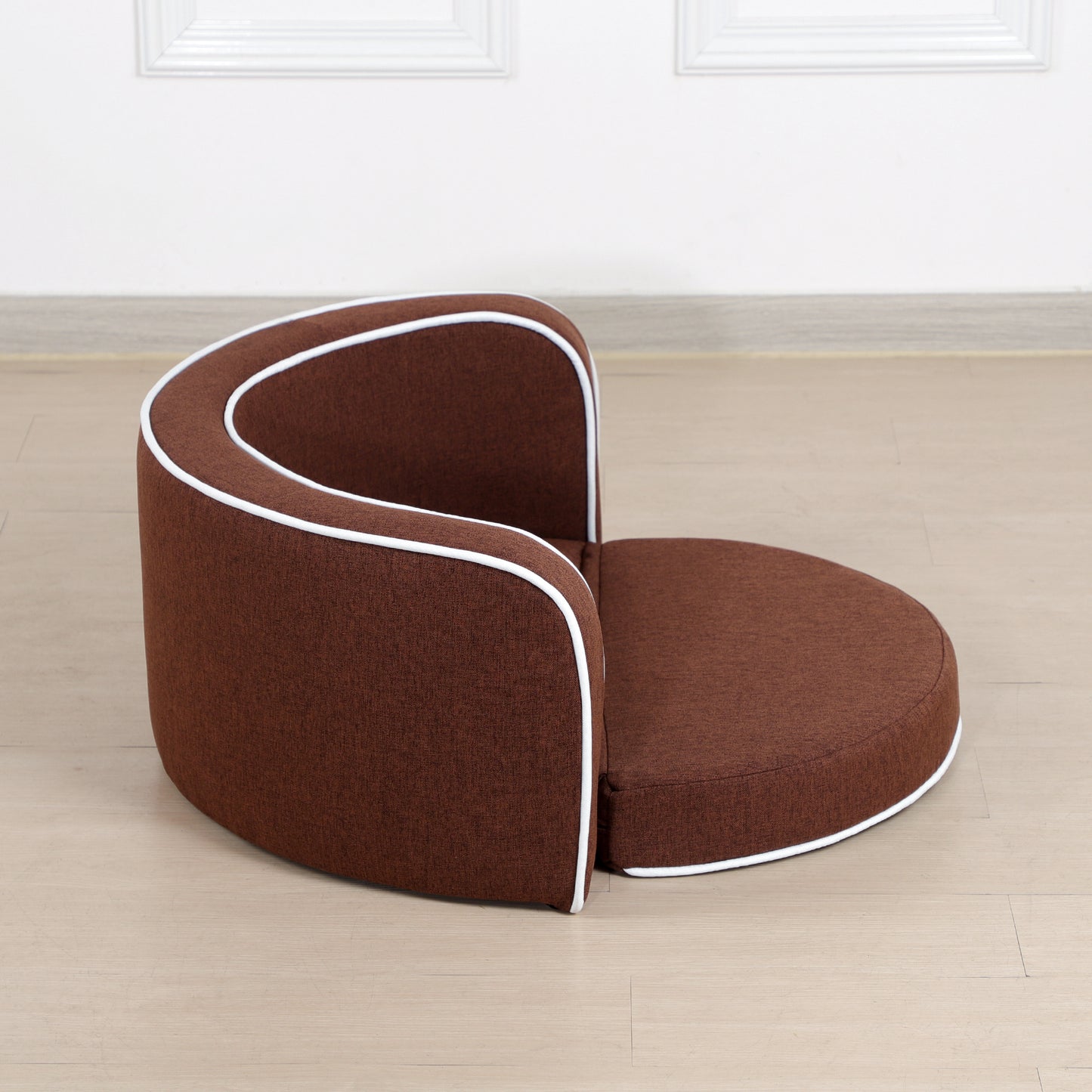 30" Brown Round Pet Sofa - Wooden Structure, Linen Goods, White Roller Lines on Edges - Curved Appearance with Cushion