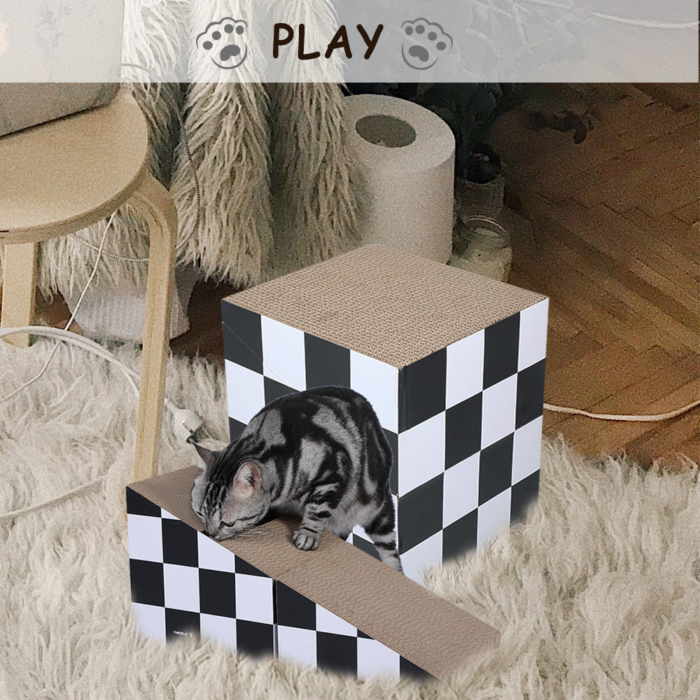 Cat Scratching Board with Ball, Triangle Cardboard, Multiple Angles, 2-in-1 Lounge Bed, Recyclable & Durable, Furniture Protector, Black & White