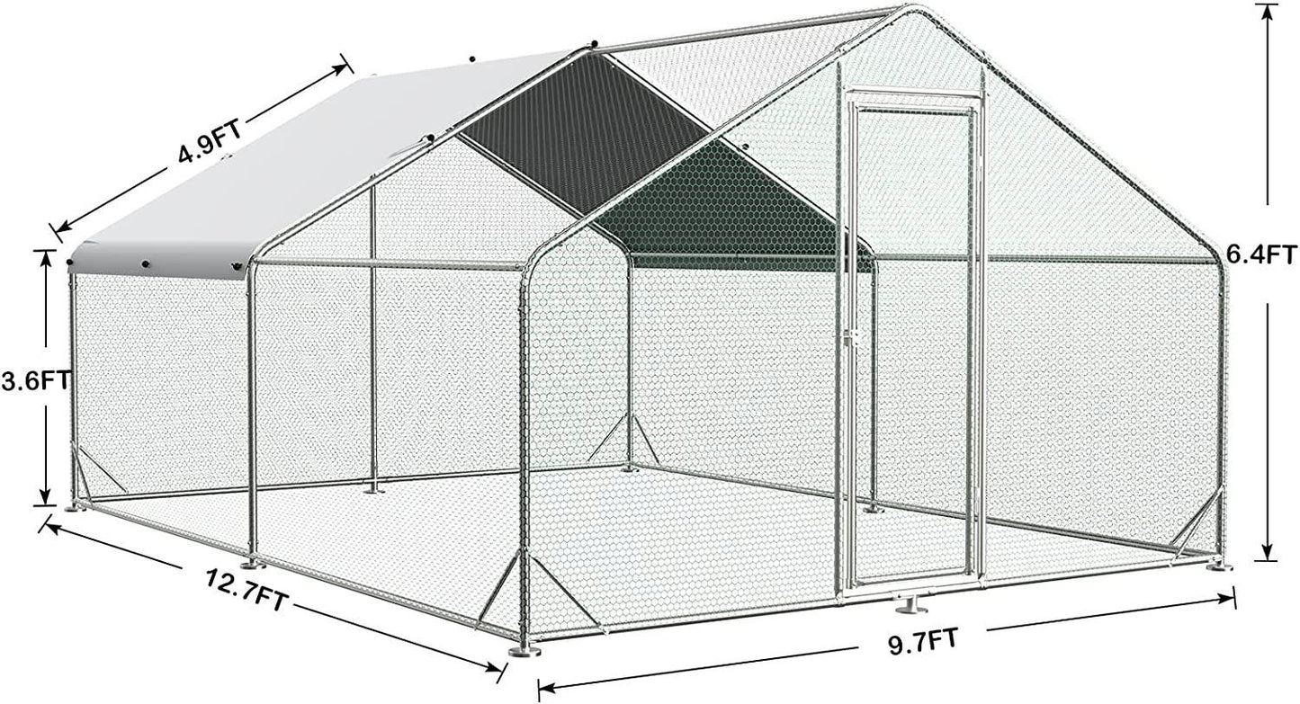 Large Metal Chicken Coop Walk-in Poultry Cage - Spacious Hen Run House with Waterproof Cover - Anti-Ultraviolet Protection - 10' L x 13' W x 6.4' H