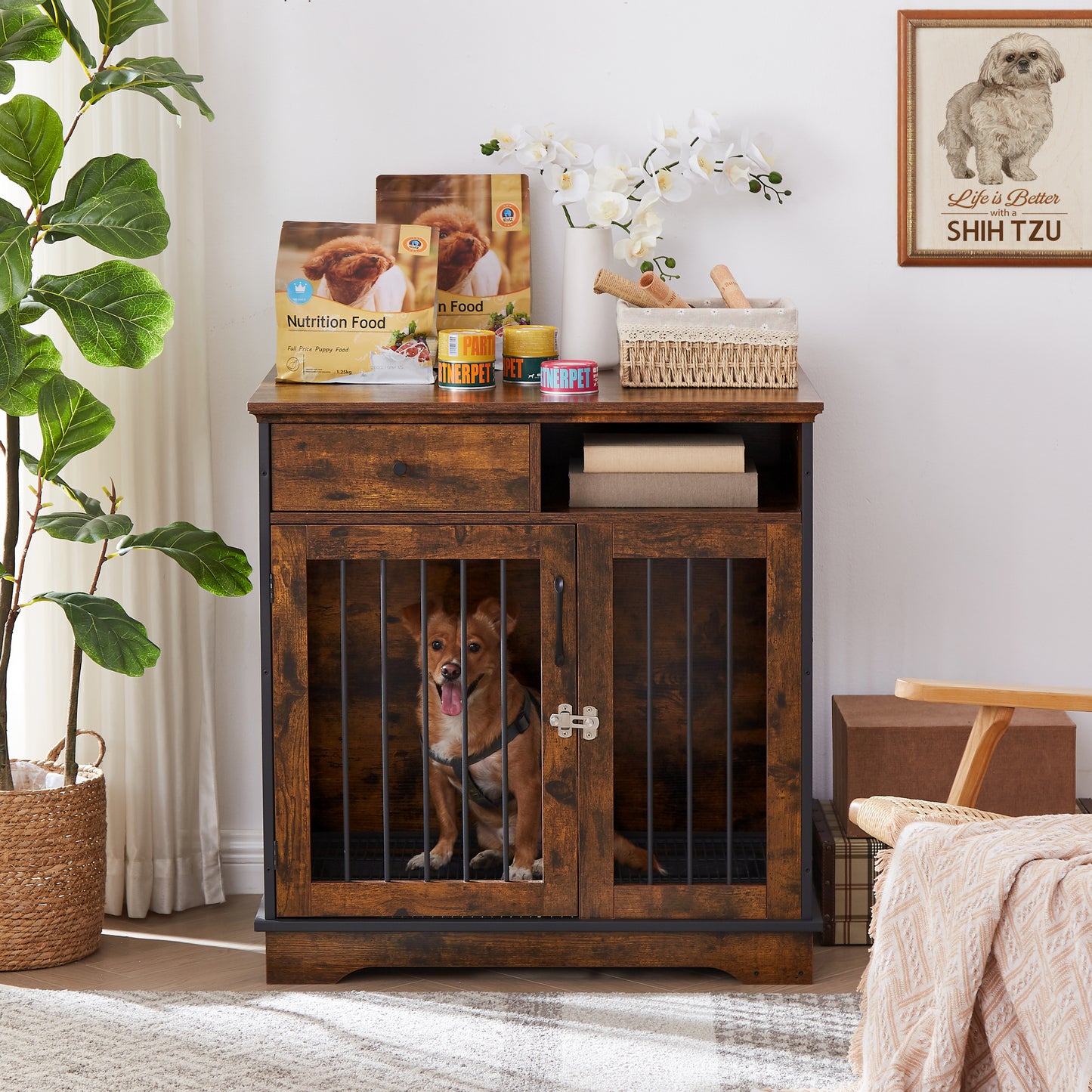 Furniture Dog Crate: Indoor Pet Crate End Tables, Decorative Wooden Kennels with Removable Trays - Rustic Brown, 32.3''W x 22.8''D x 33.5''H