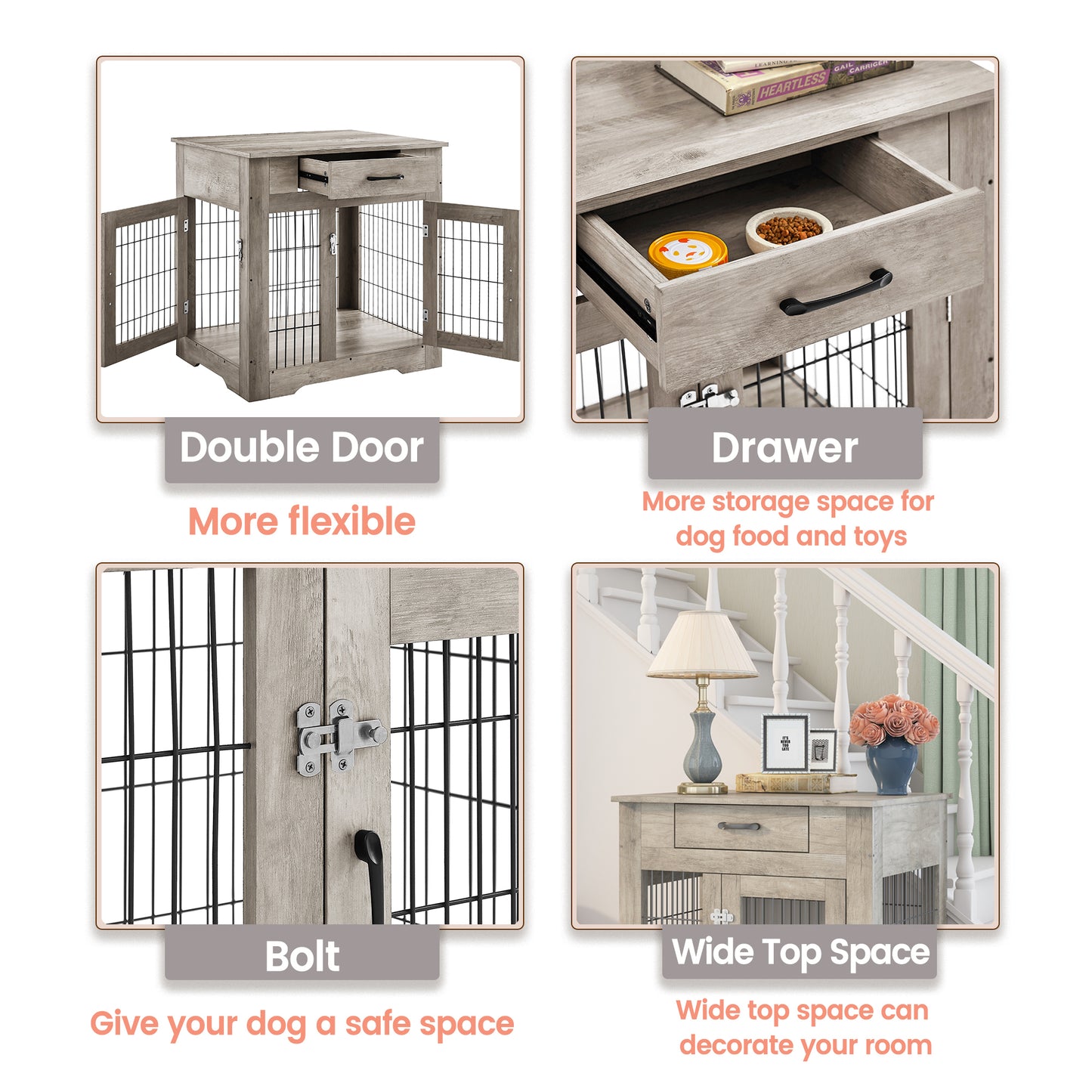 Furniture Style Dog Crate End Table with Drawer, Pet Kennels - Double Doors, Indoor Dog House - Grey, 29.9'' W x 24.8'' D x 30.71'' H