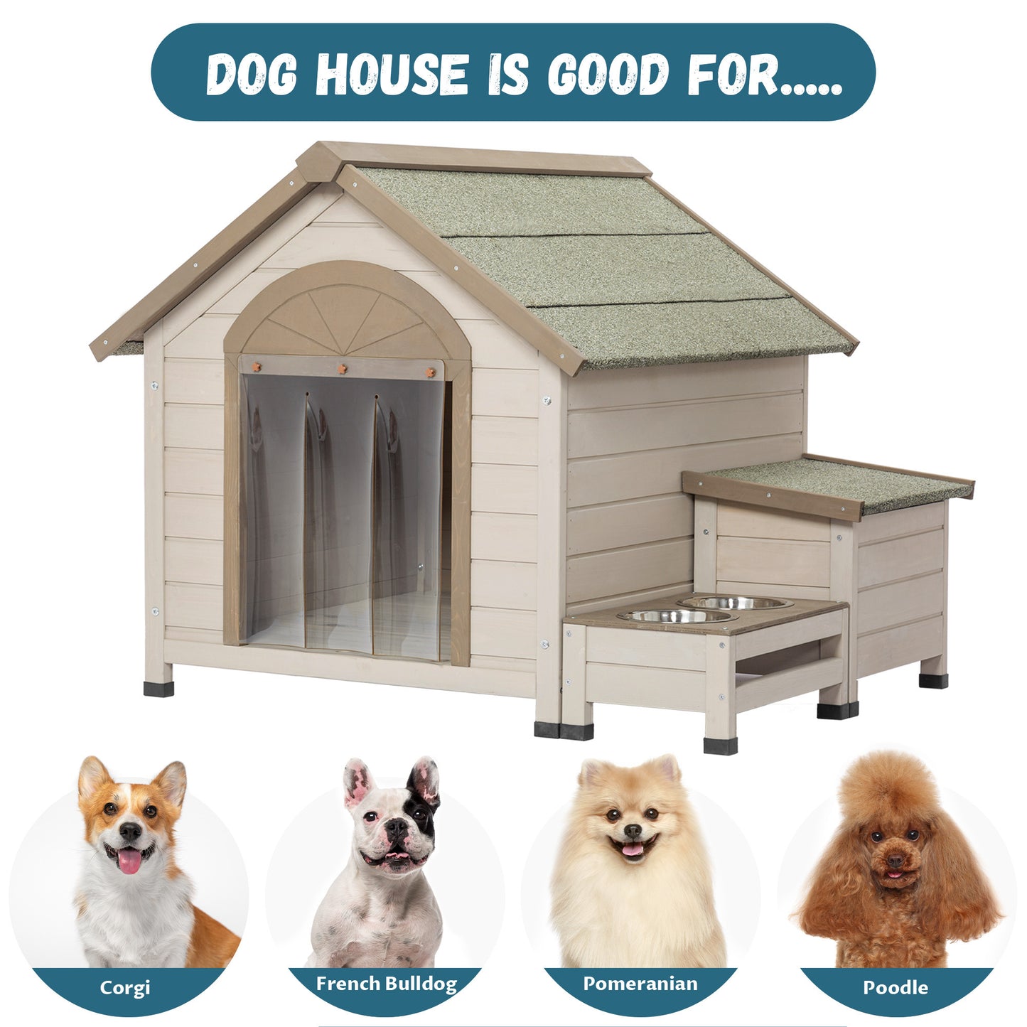 Outdoor Fir Wood Dog House with Open Roof for Small to Medium Dogs | Storage Box, Elevated Feeding Station with 2 Bowls | Weatherproof Asphalt Roof & Treated Wood | Size Options Available