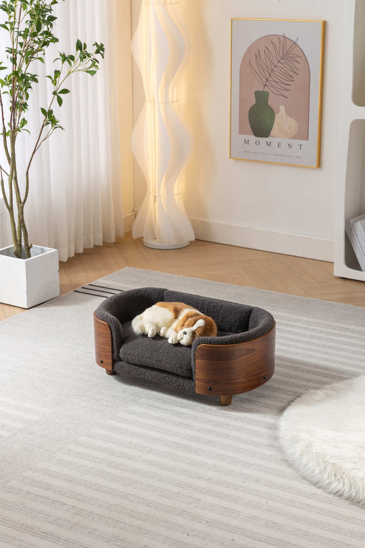 Scandinavian Style Elevated Dog Bed Pet Sofa, Solid Wood Legs, Walnut Bent Wood Back, Cashmere Cushion, Small Size