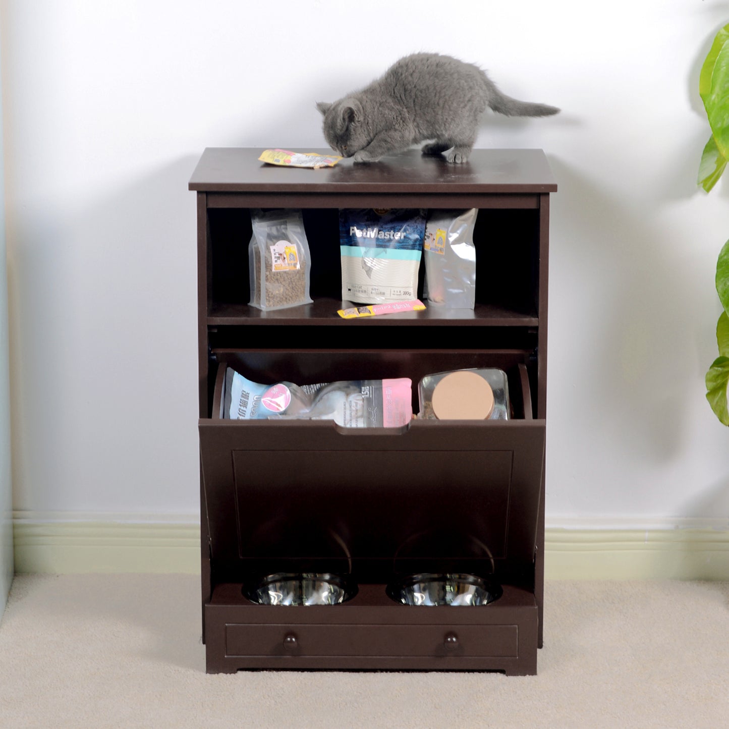 Pet Feeder Station with Storage, MDF & Waterproof Painted, Dog & Cat Feeder Cabinet, Stainless Bowl