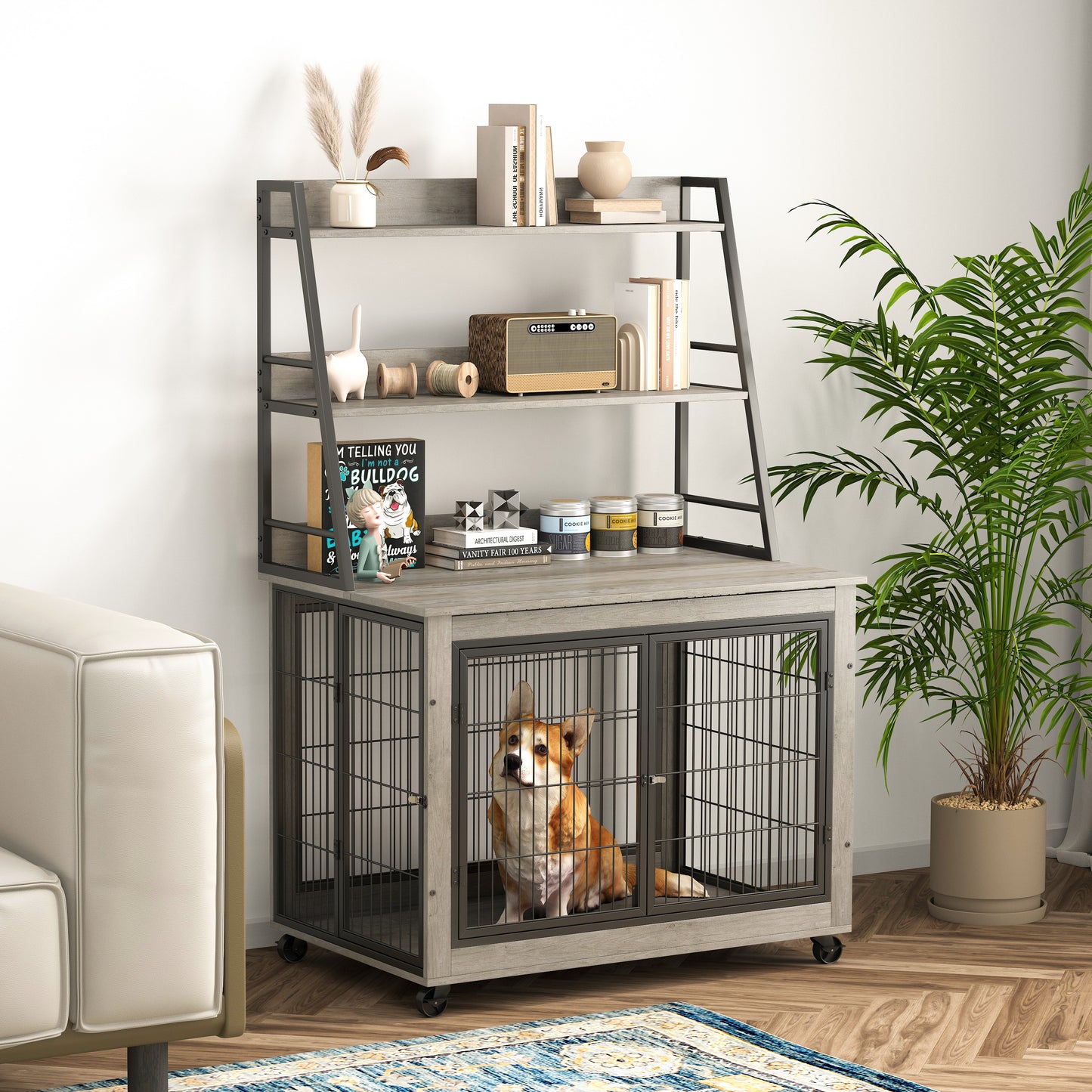 Furniture Style Dog Crate Side Table with Shelves, Double Doors, and Raised Roof - Grey, 38.58''W x 25.5''D x 57''H