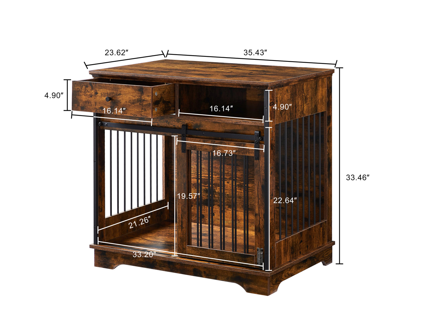 Sliding Door Dog Crate with Drawers - Rustic Brown, 35.43'' W x 23.62'' D x 33.46'' H: Stylish and Functional Pet Enclosure with Convenient Storage Space