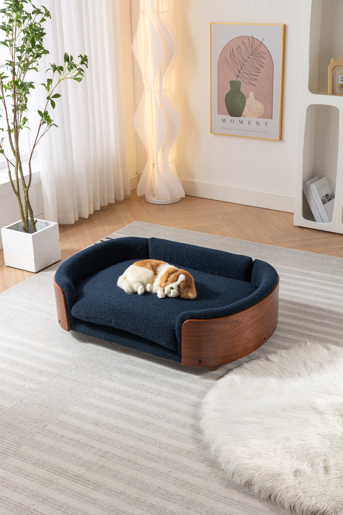 Scandinavian Style Elevated Dog Bed Pet Sofa with Solid Wood Legs, Walnut Bent Wood Back, Cashmere Cushion - Large Size