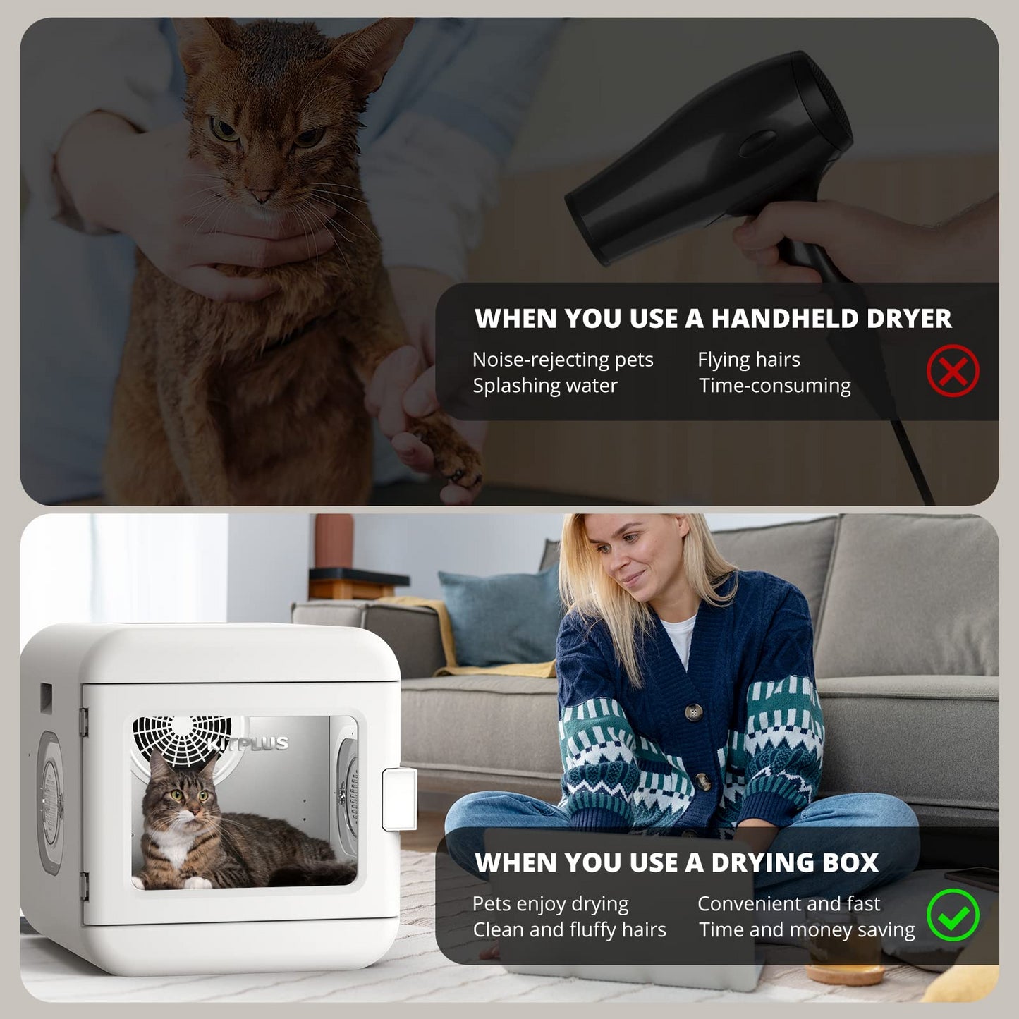 Pet Hair Dryer Box: Ultra Quiet Blow Dryer 6L Capacity for Cats & Small Dogs | Professional Fast Drying Blower with Intelligent Control, Adjustable Temperature & Time | 360° Warm Wind for Quick & Gentle Drying | Available in Various Sizes & Colors