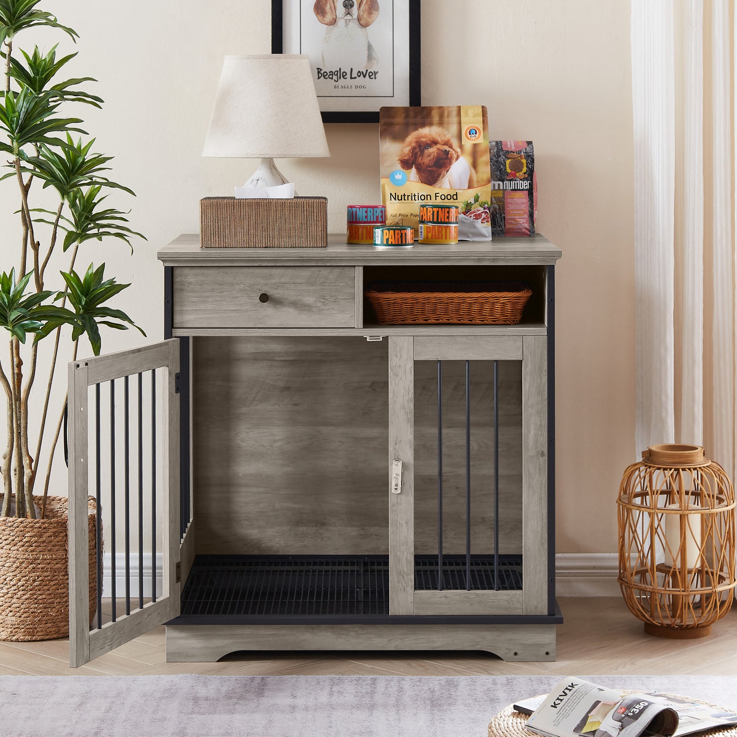 Furniture Dog Crate: Indoor Pet Crate End Tables, Wooden Kennels w/ Removable Trays, Grey, 32.3'' W x 22.8'' D x 33.5'' H