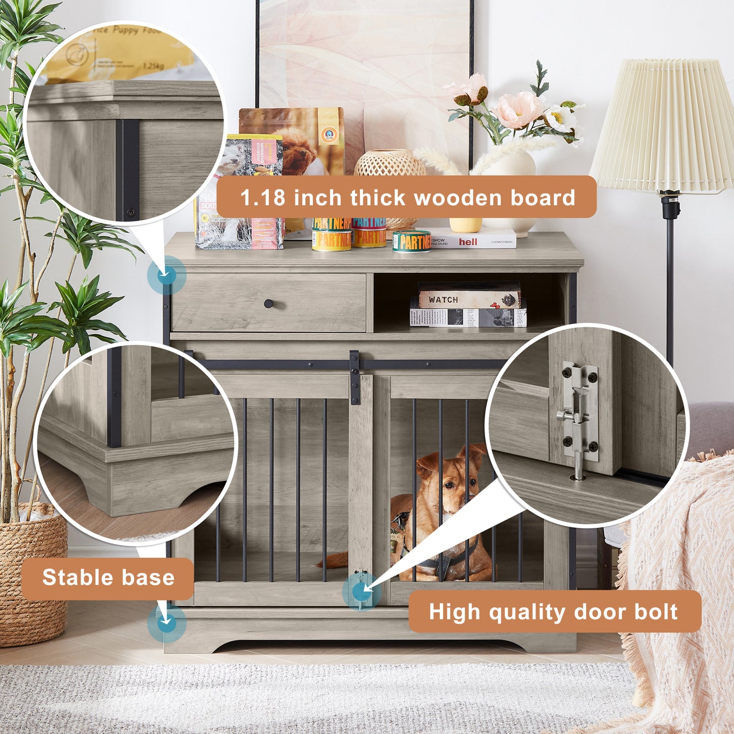 Sliding Door Dog Crate with Drawers - Grey, 35.43'' W x 23.62'' D x 33.46'' H: Spacious and Functional Pet Crate with Convenient Storage Drawers