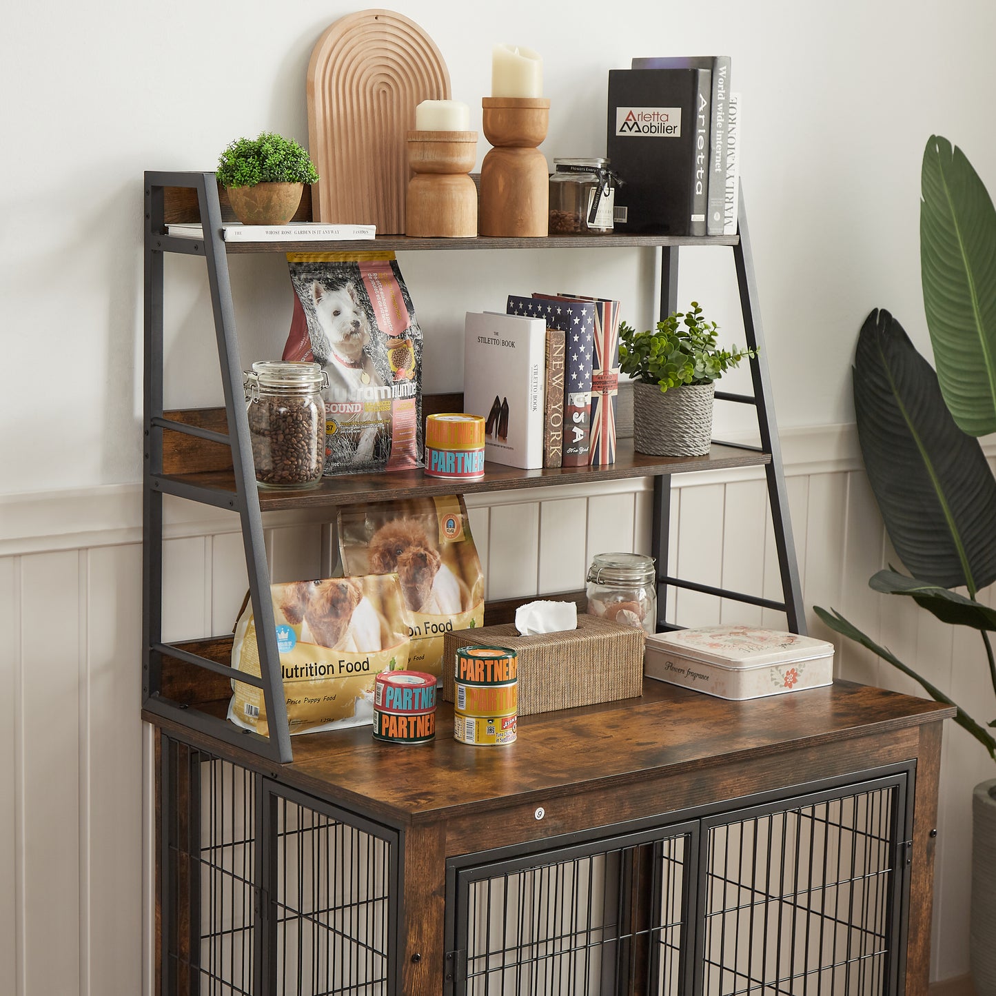 Furniture Style Dog Crate Side Table with Shelves, Double Doors & Raised Roof - Rustic Brown, 38.58''W x 25.5''D x 57''H