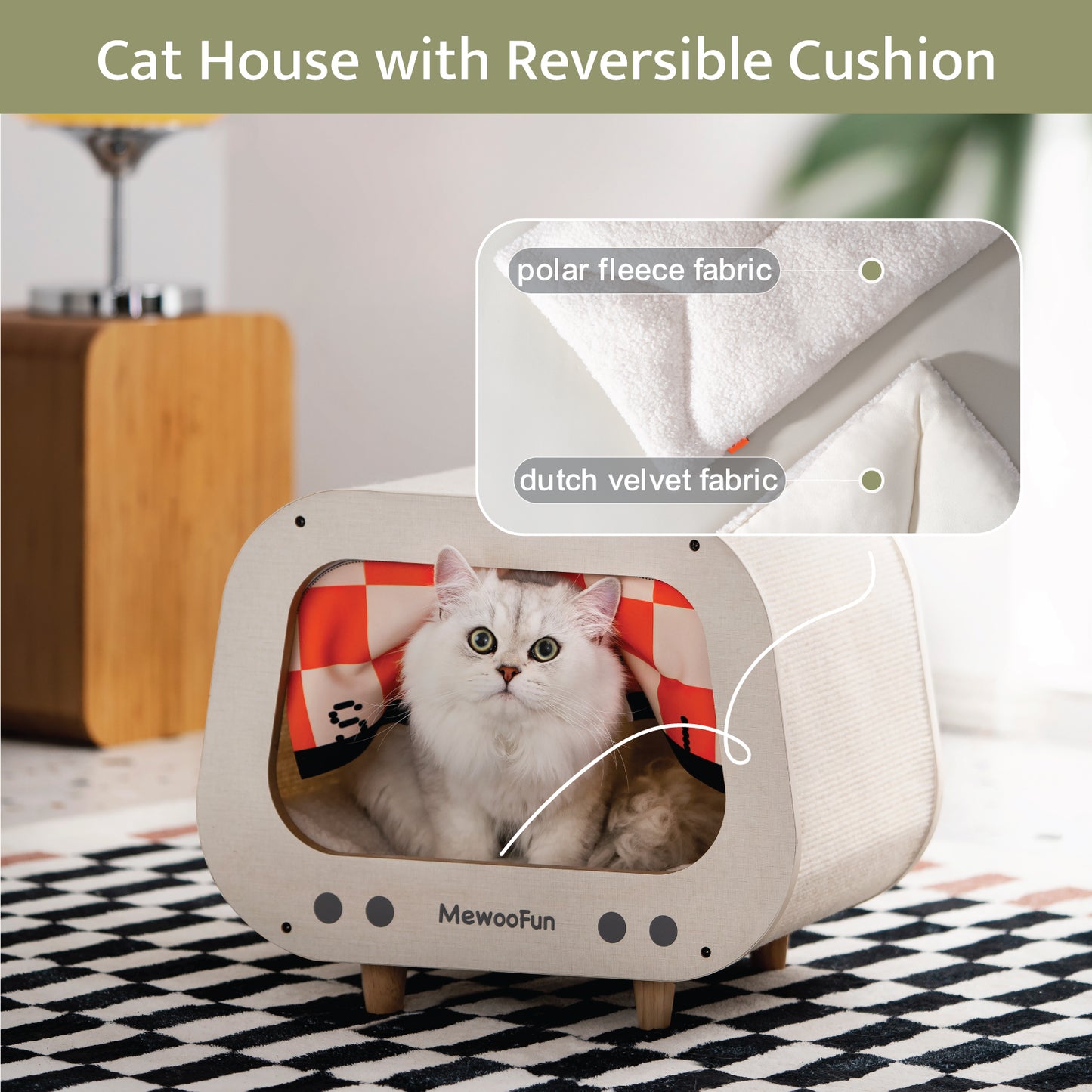 Classic Wooden TV-Shaped Cat Bed with Cushion, White - Cozy Cat House for Rest and Play