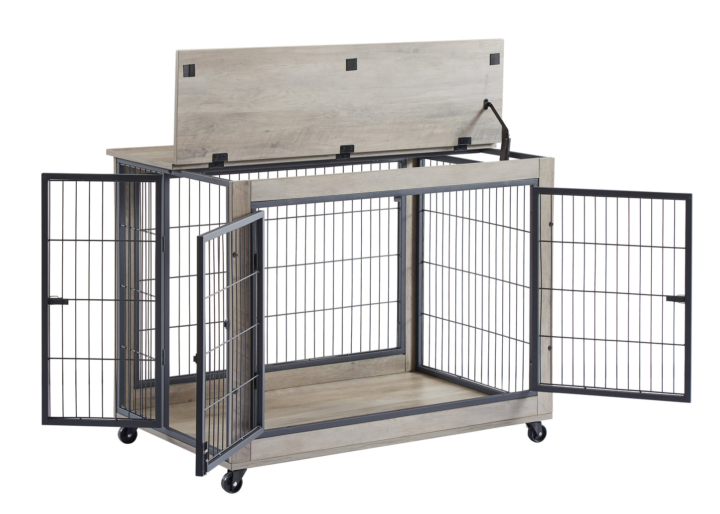 Furniture Style Dog Crate Side Table on Wheels: Double Doors & Lift Top | Grey | 38.58''w x 25.5''d x 27.36''h