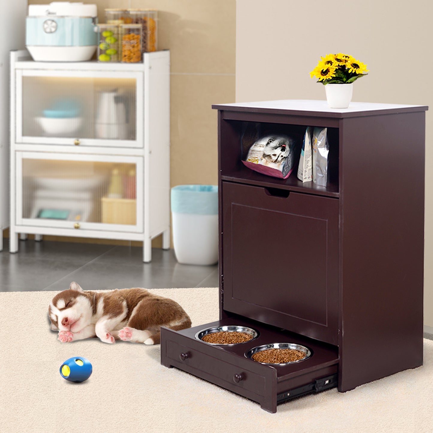 Pet Feeder Station with Storage, MDF & Waterproof Painted, Dog & Cat Feeder Cabinet, Stainless Bowl